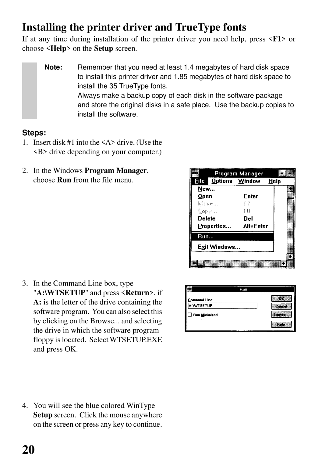 Star Micronics 4000 user manual Installing the printer driver and TrueType fonts 