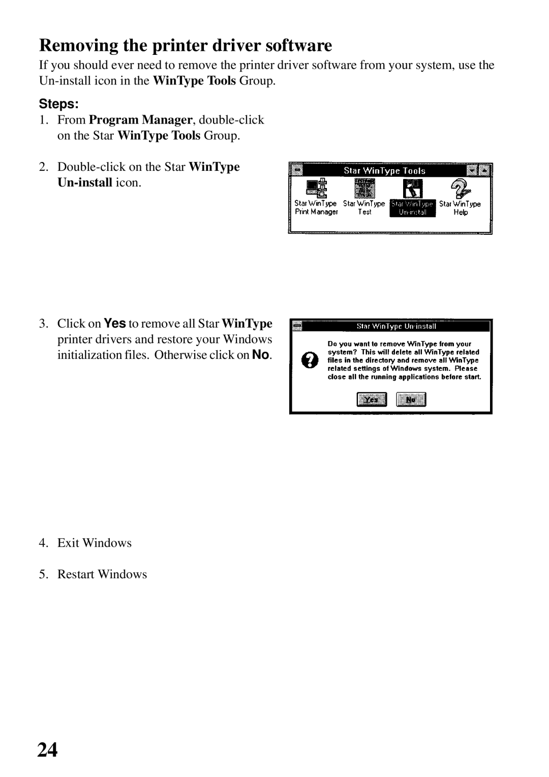 Star Micronics 4000 user manual Removing the printer driver software, Steps 