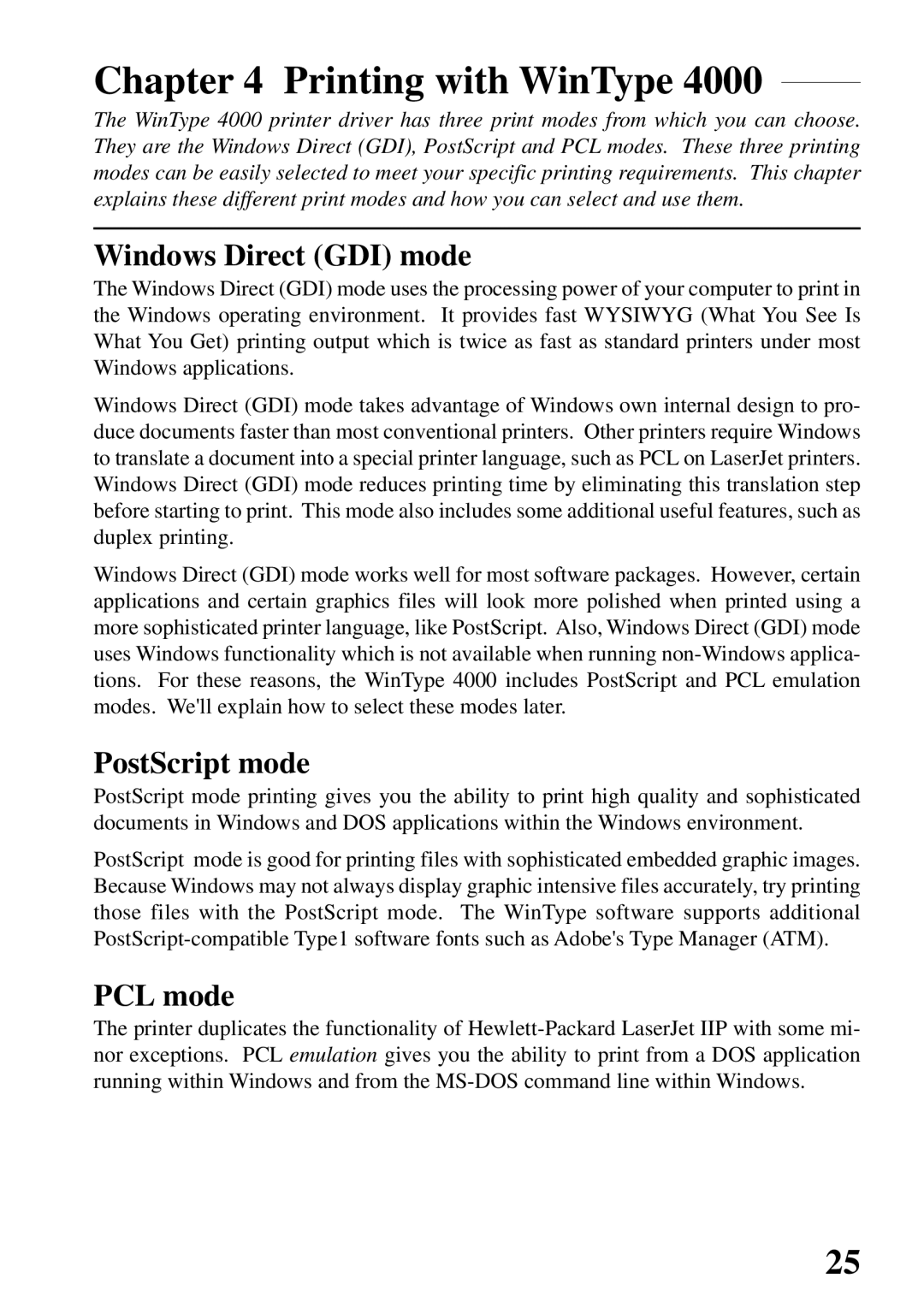 Star Micronics 4000 user manual Printing with WinType, Windows Direct GDI mode, PostScript mode, PCL mode 