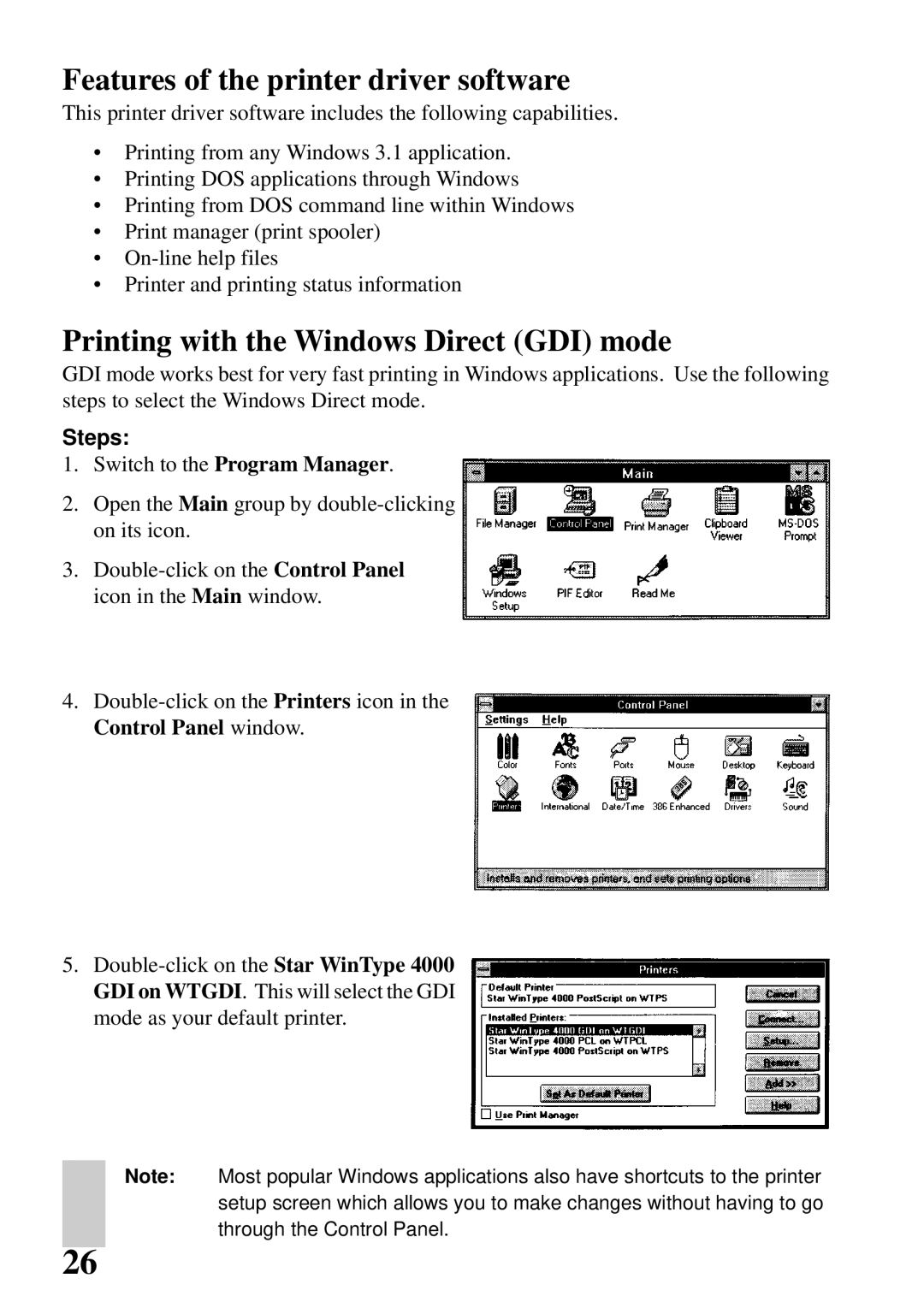 Star Micronics 4000 user manual Features of the printer driver software, Printing with the Windows Direct GDI mode 