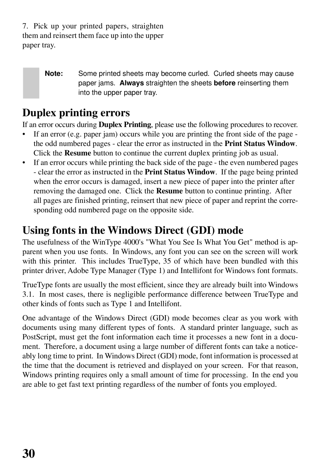 Star Micronics 4000 user manual Duplex printing errors, Using fonts in the Windows Direct GDI mode 