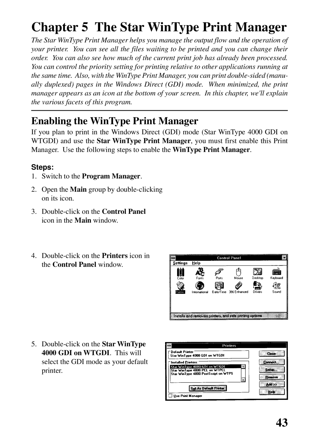 Star Micronics 4000 user manual Star WinType Print Manager, Enabling the WinType Print Manager 