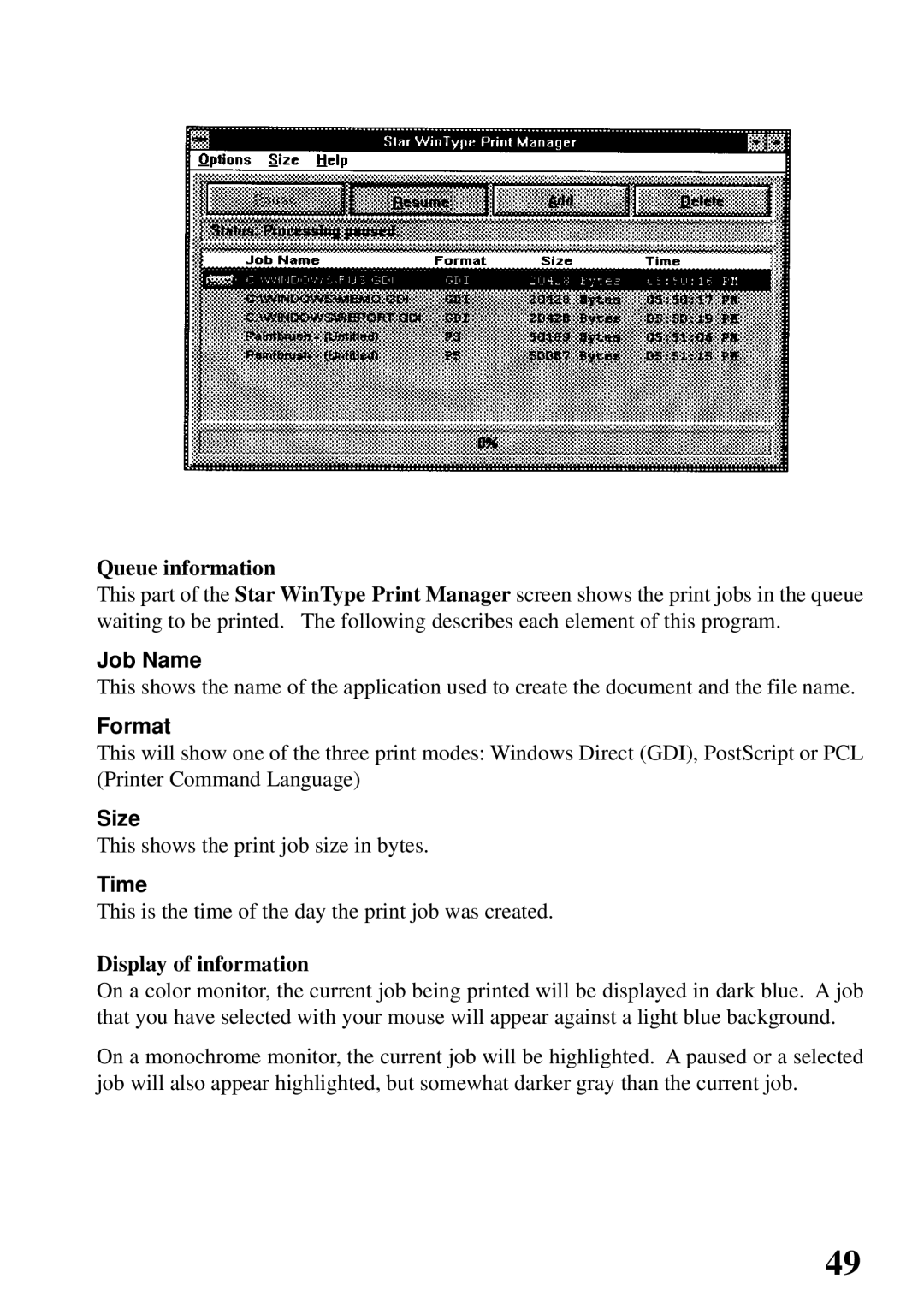 Star Micronics 4000 user manual Job Name, Format, Size, Time 