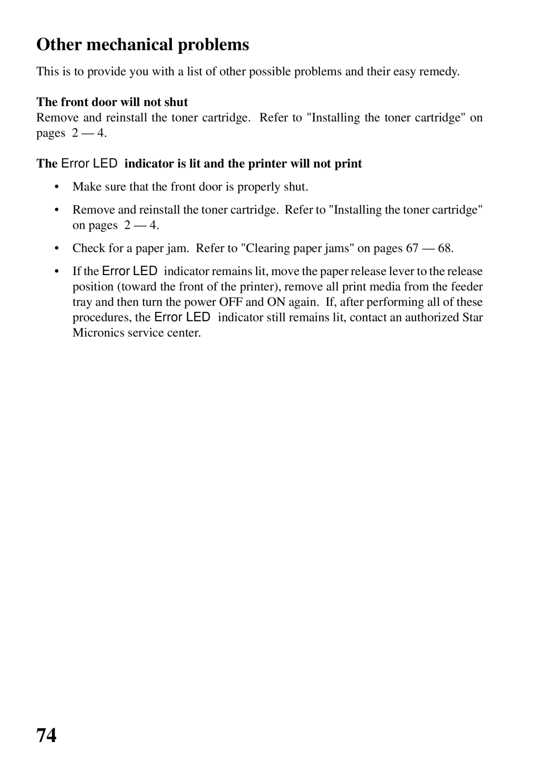 Star Micronics 4000 user manual Other mechanical problems, Front door will not shut 