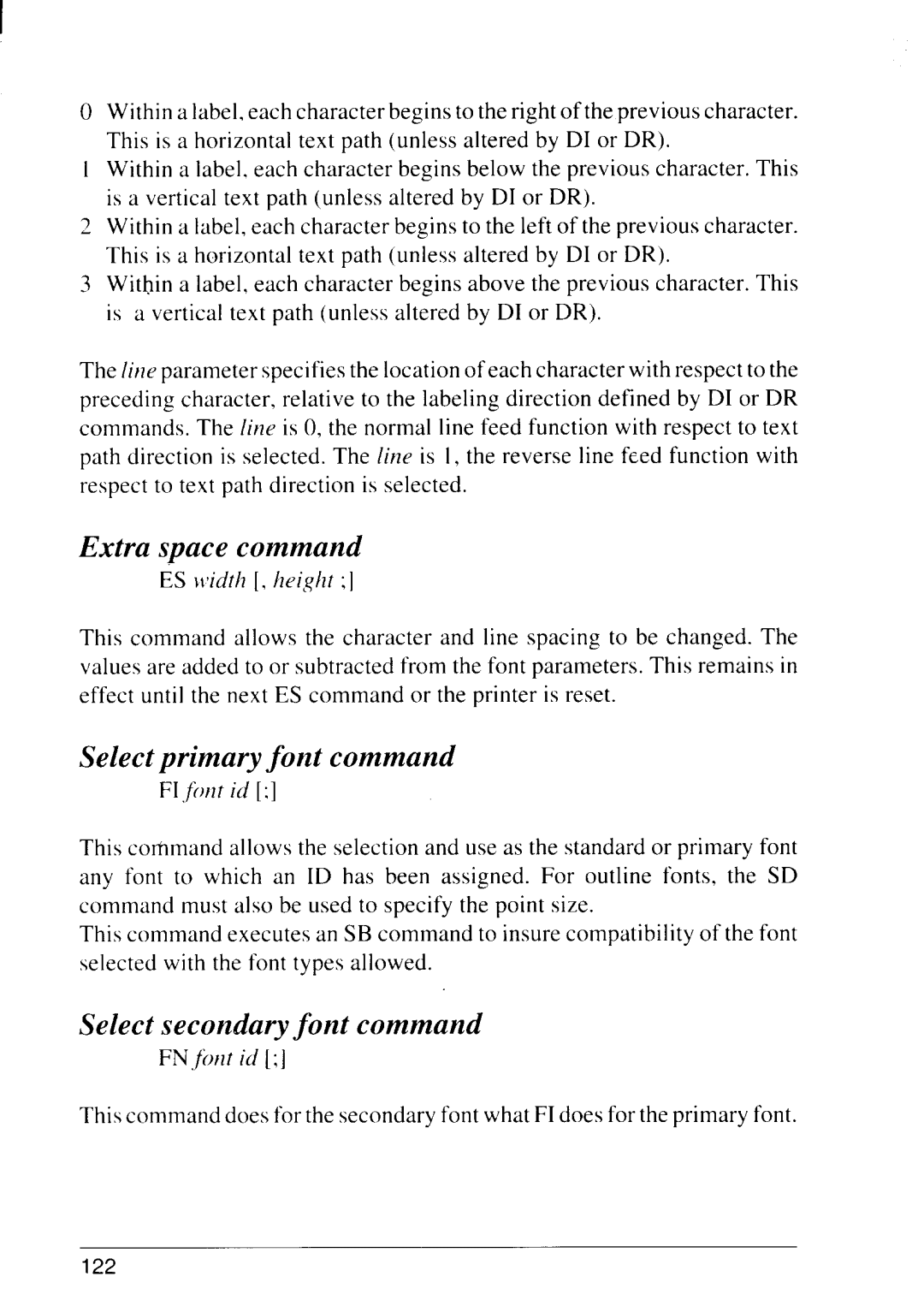 Star Micronics 4111 Extra space command, Select primary font command, Select secondaryfont command, ES t’idth, height 