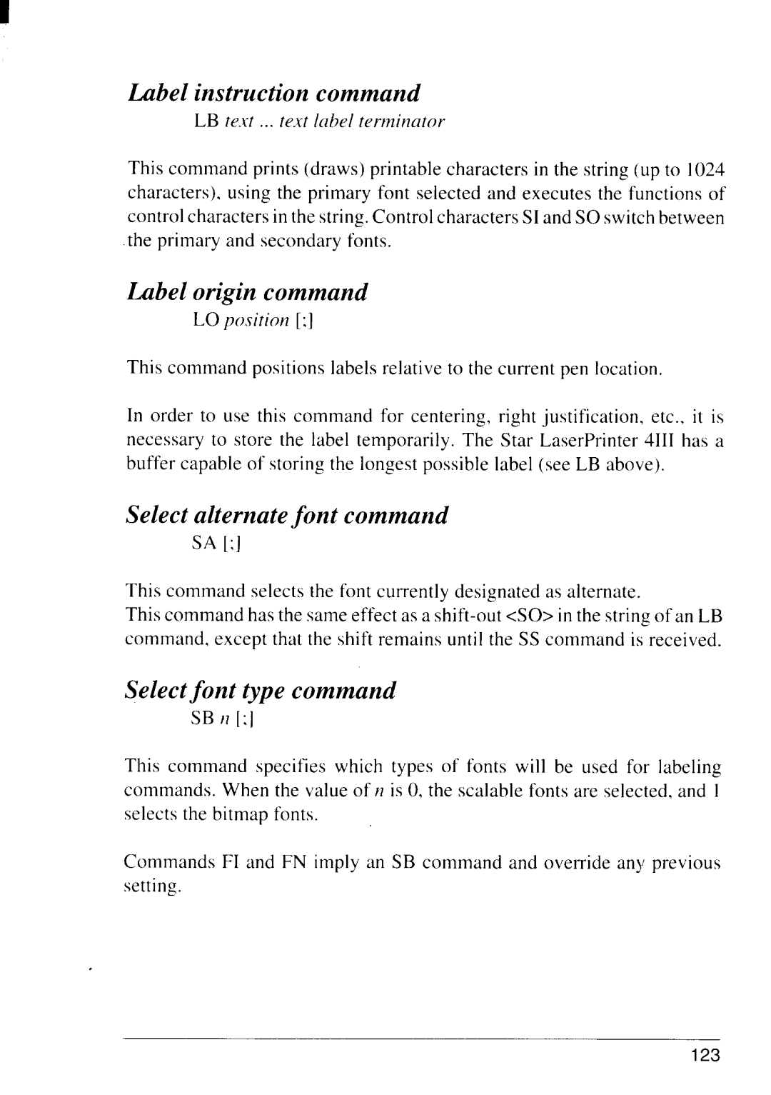 Star Micronics 4111 Ubelinstruction command, Label origin command, Select alternate font command, Selectfont type command 