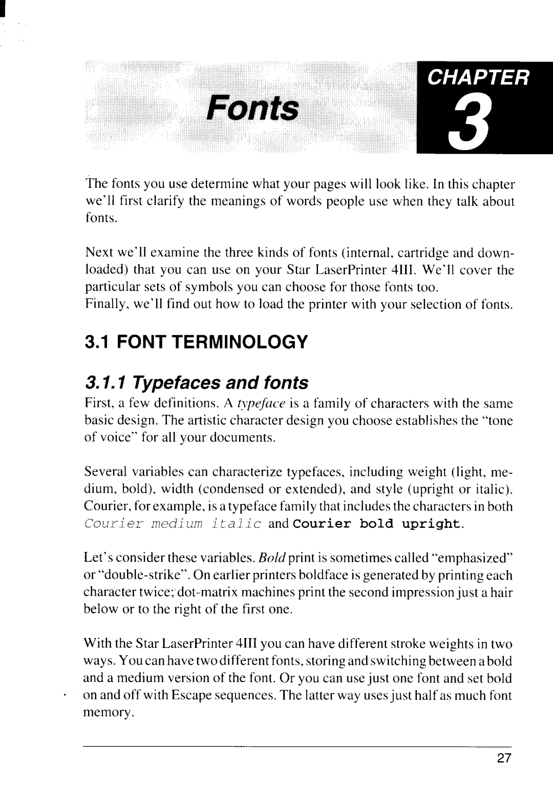 Star Micronics 4111 manual Fonts EmAm, Typefaces and fonts 