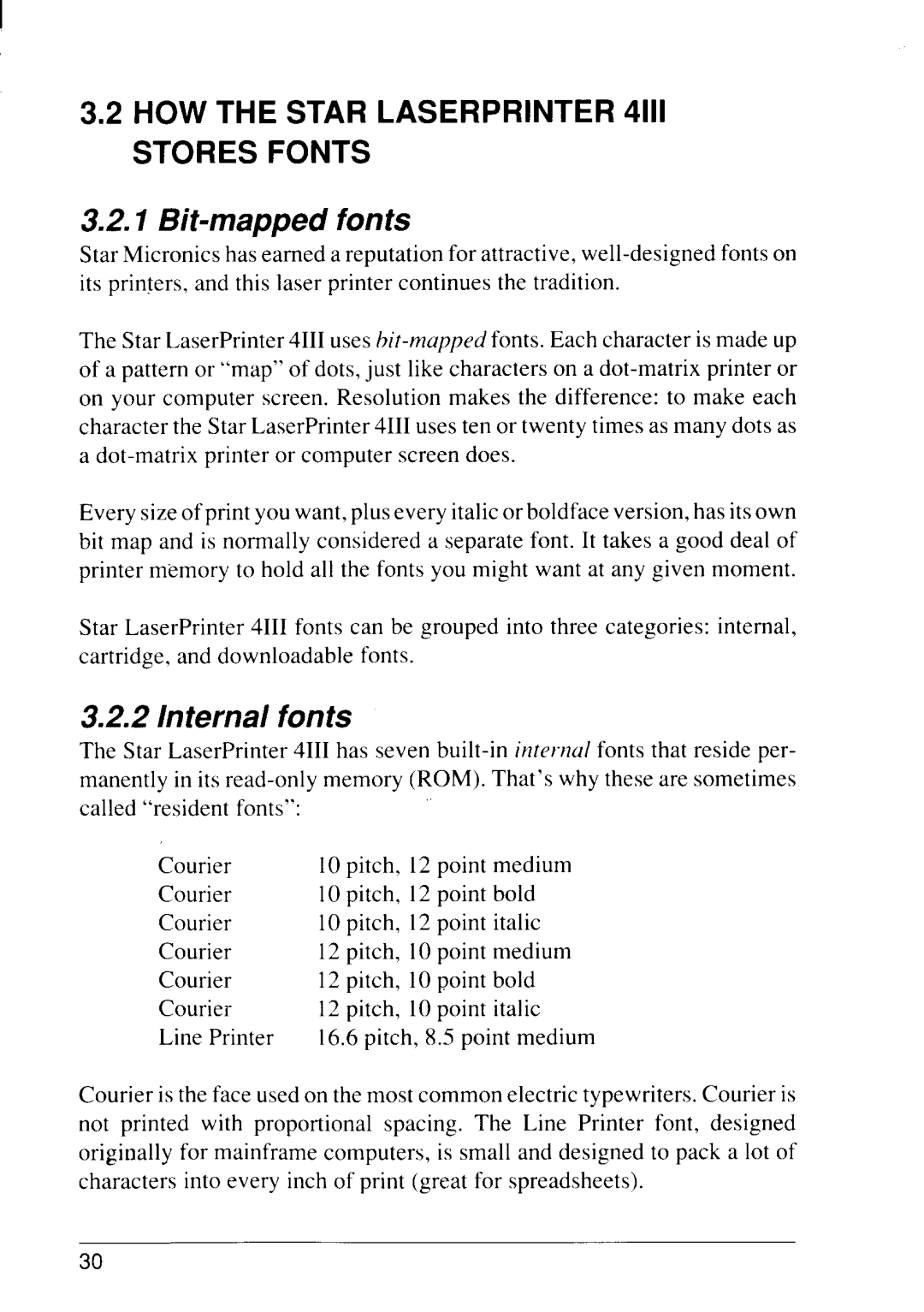 Star Micronics 4111 manual Bit-mapped fonts, Internal fonts 