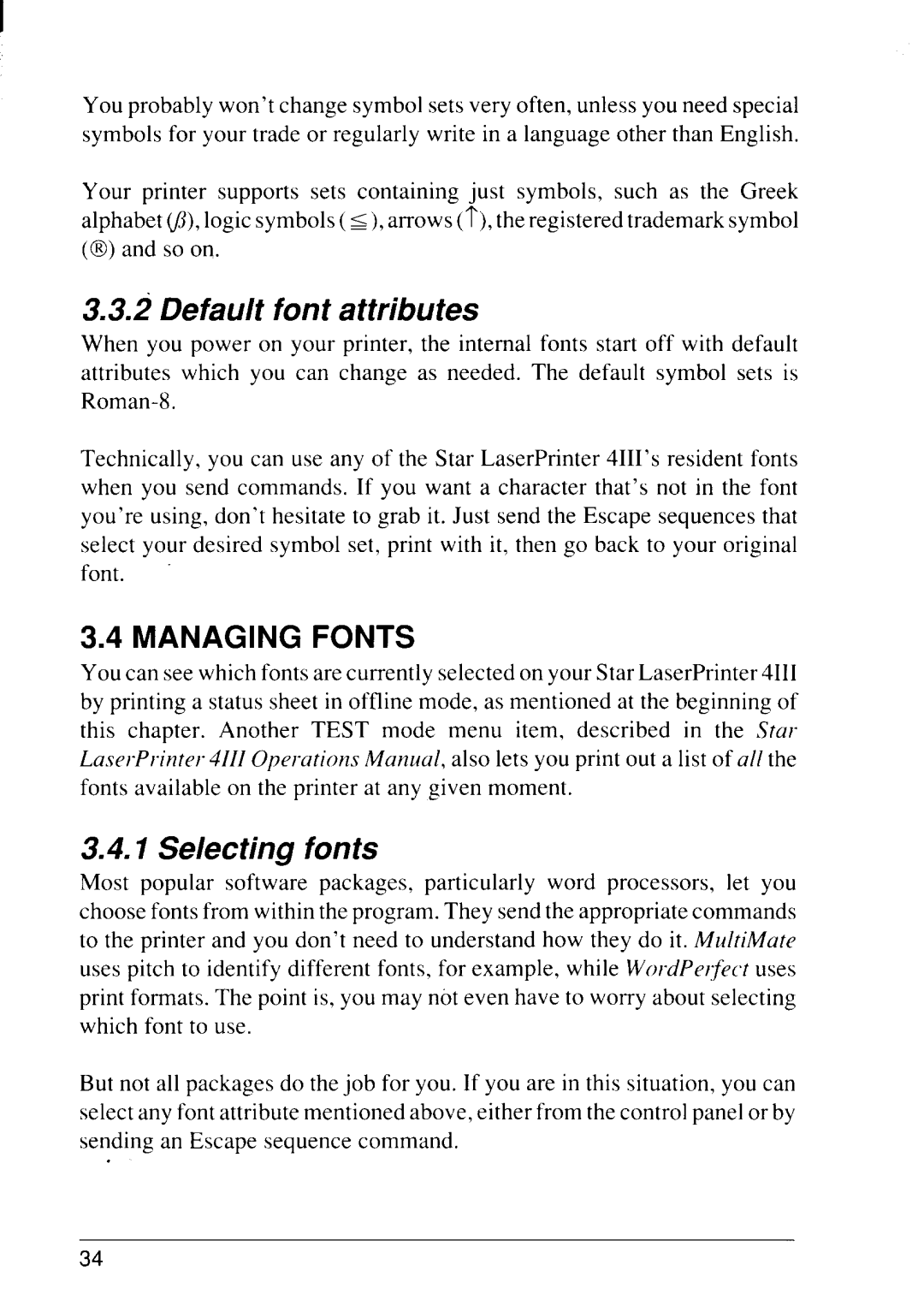 Star Micronics 4111 manual Default font attributes, Selecting fonts 