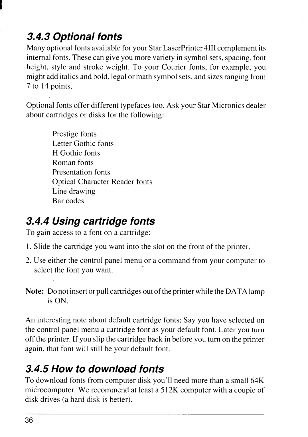 Star Micronics 4111 manual Optional fonts, Using cartridge fonts, How to download fonts 