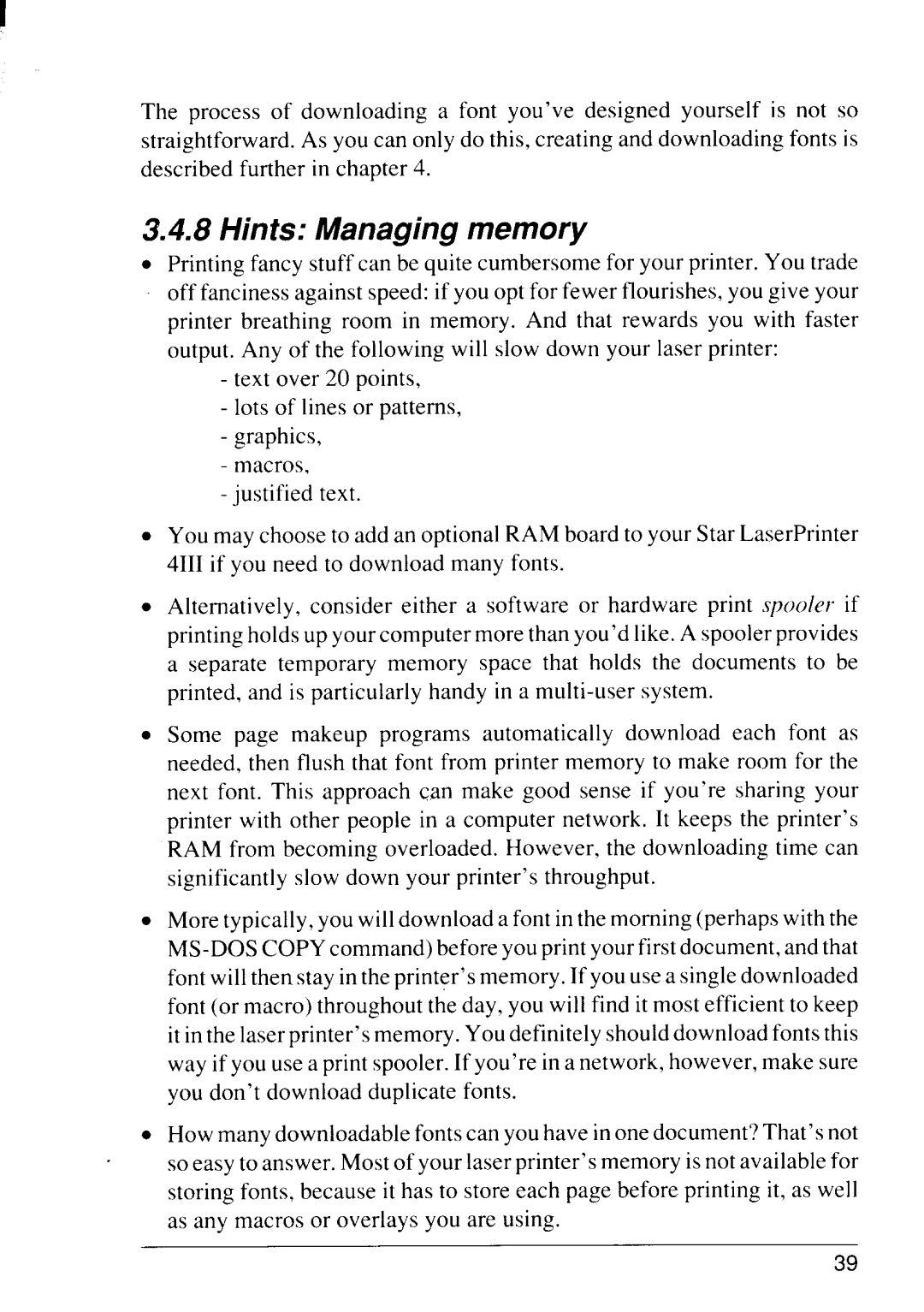 Star Micronics 4111 manual Hints Managing memory 