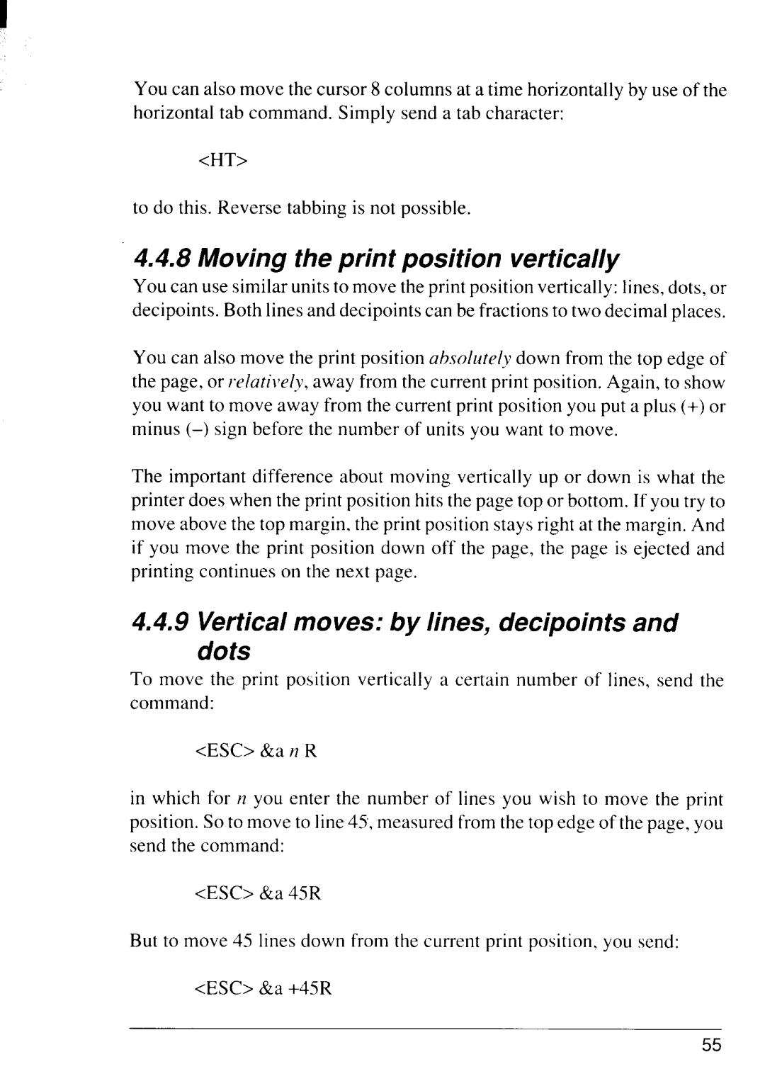 Star Micronics 4111 manual Moving the print position vertically, Vertical moves bylines, decipoints and dots 