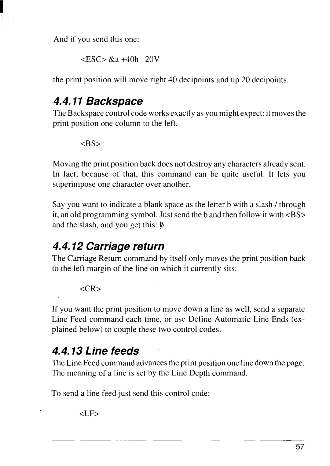 Star Micronics 4111 manual Backspace, Carriage return, Line feeds 