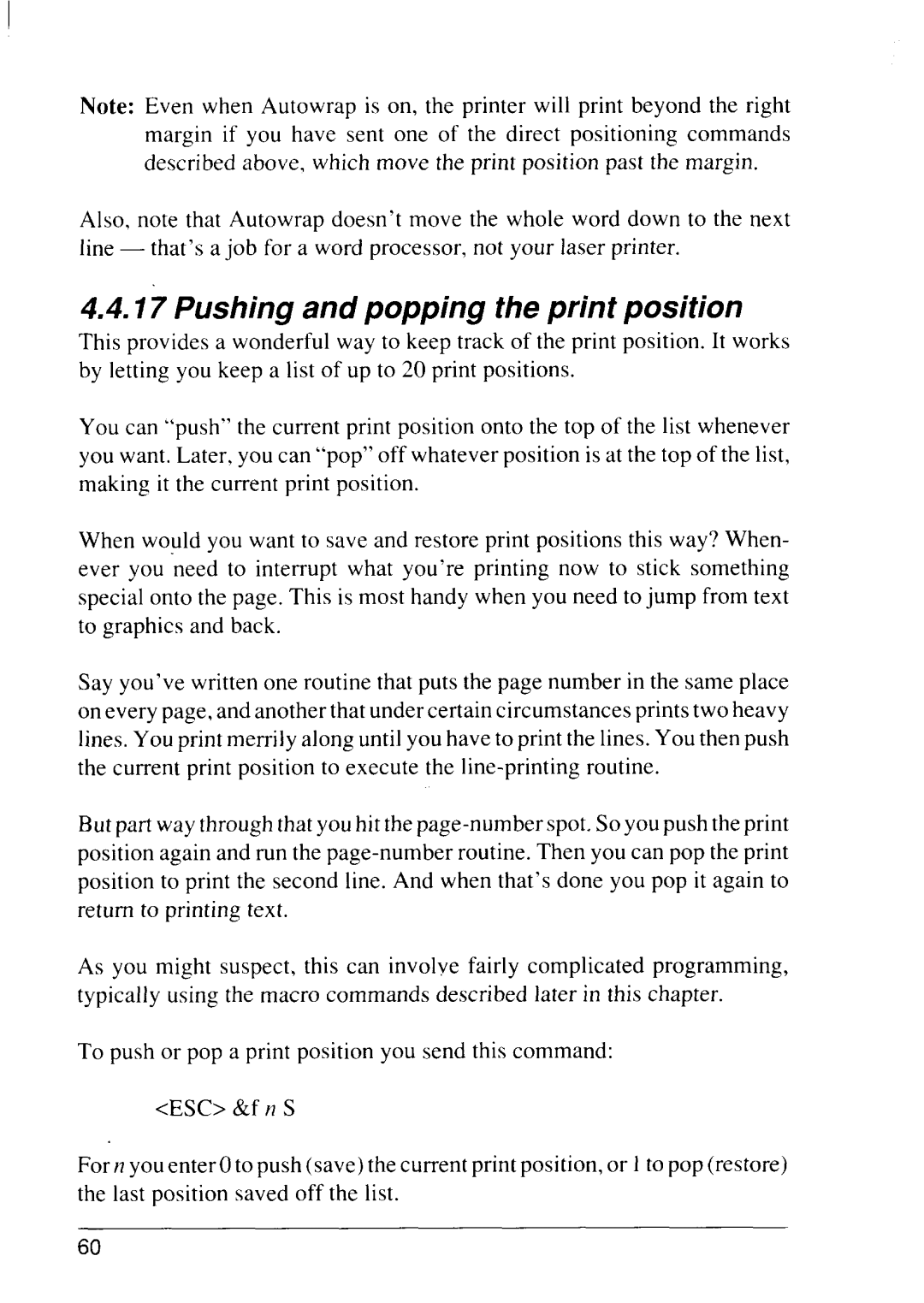 Star Micronics 4111 manual Pushing and popping the print position 