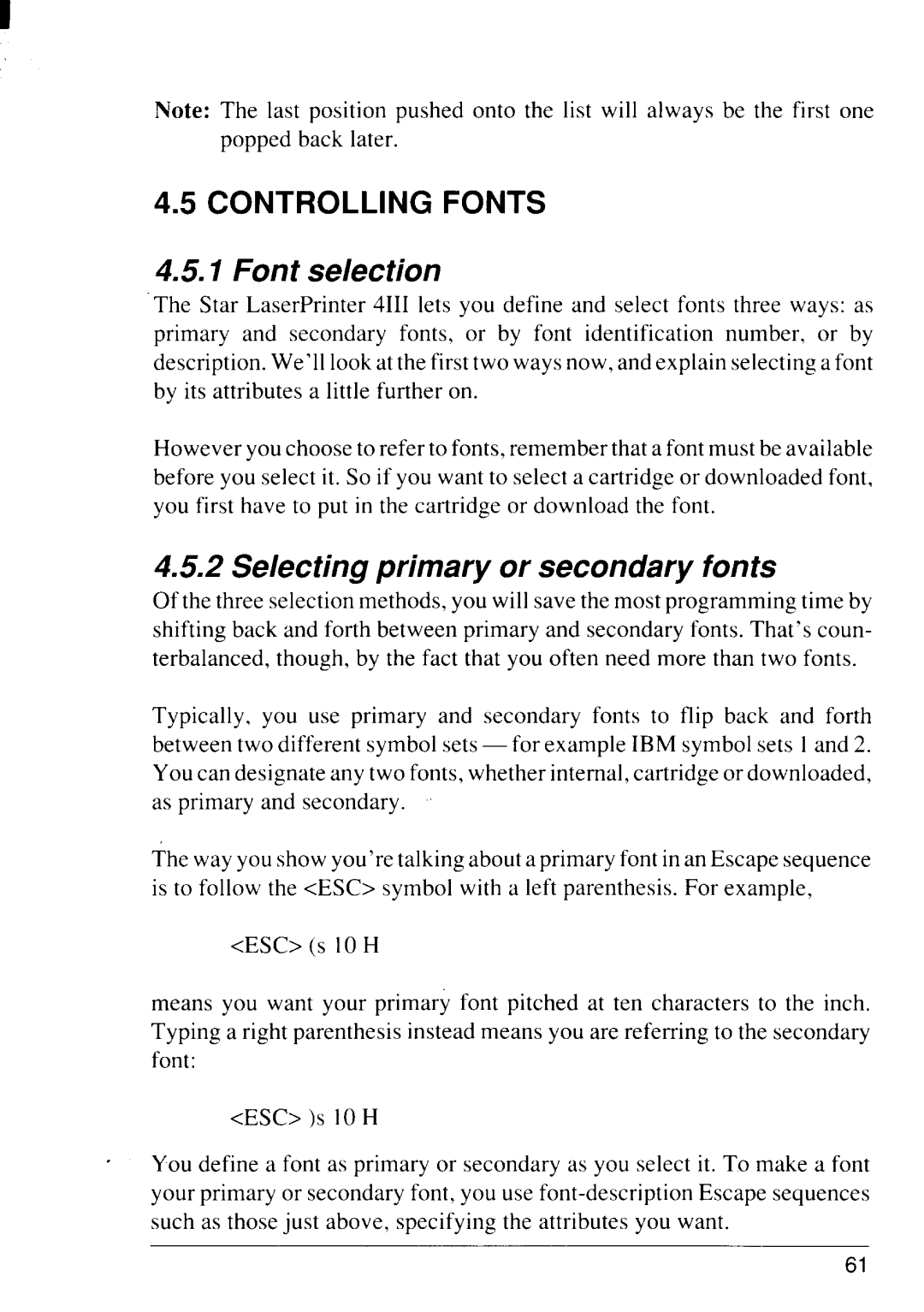 Star Micronics 4111 manual Font selection, Selecting primary or secondary fonts 