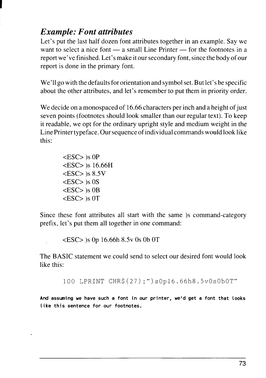 Star Micronics 4111 manual Example Font attributes, Lprint CHR$ 27sopl 6 h8 .5vOsObOT 