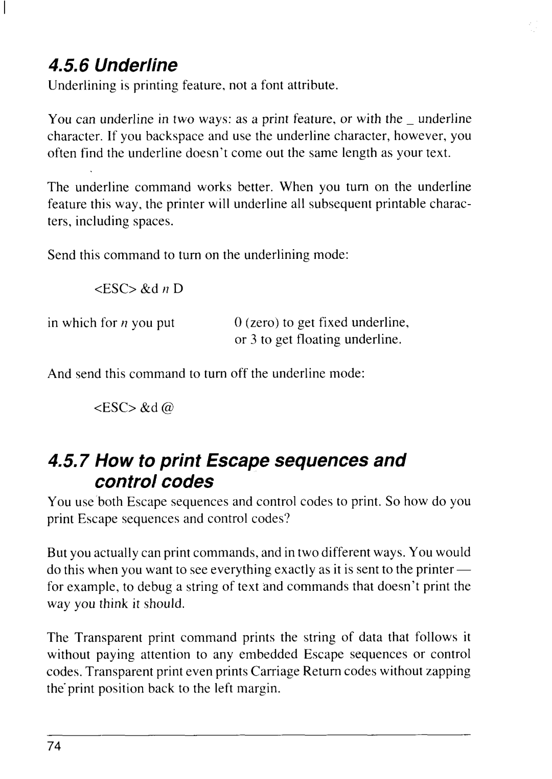 Star Micronics 4111 manual Underline, How to print Escape sequences and control codes 