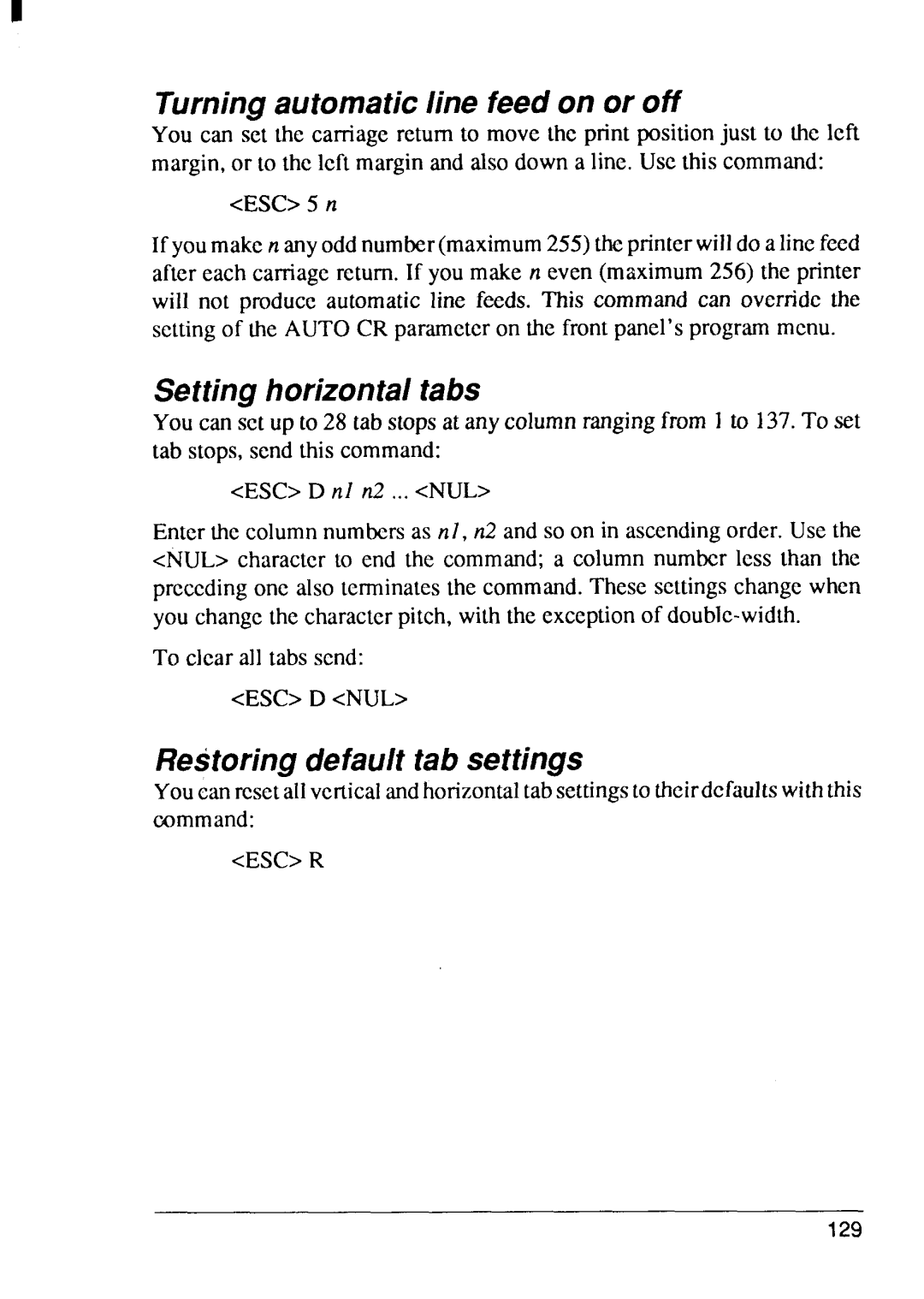 Star Micronics 8 Series Turning automatic line feed on or off, Setting horizontal tabs, Restoring default tab settings 