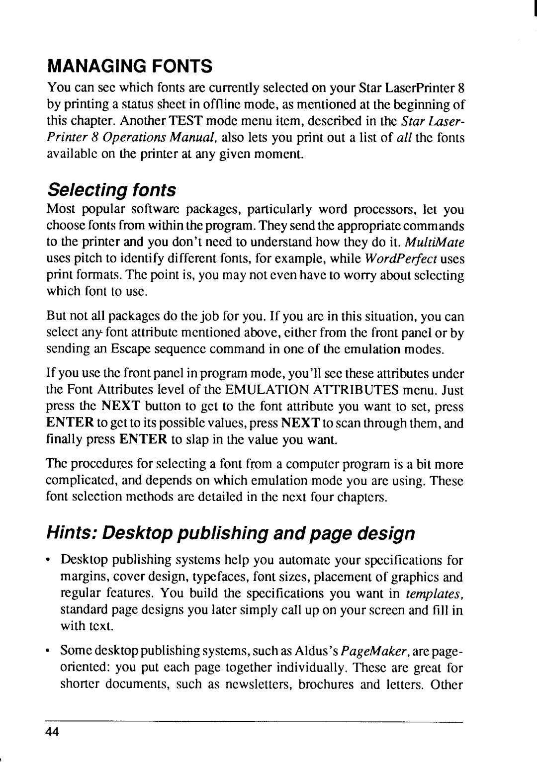 Star Micronics 8 Series manual Selectingfonts 