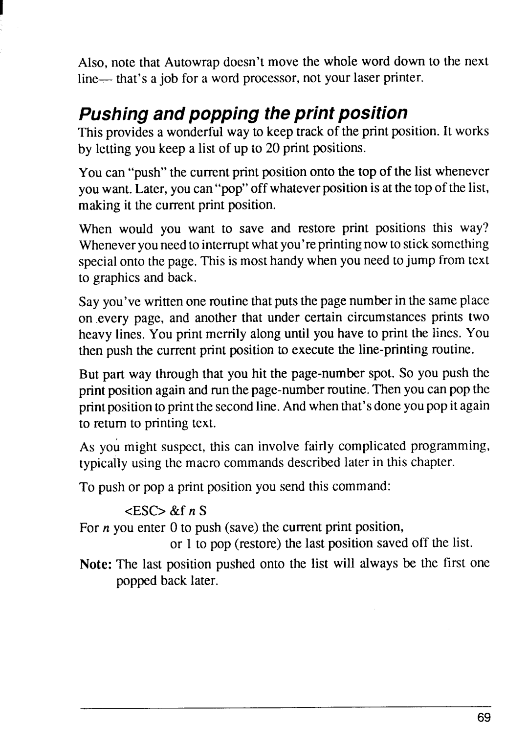 Star Micronics 8 Series manual Pushing and popping the print position 