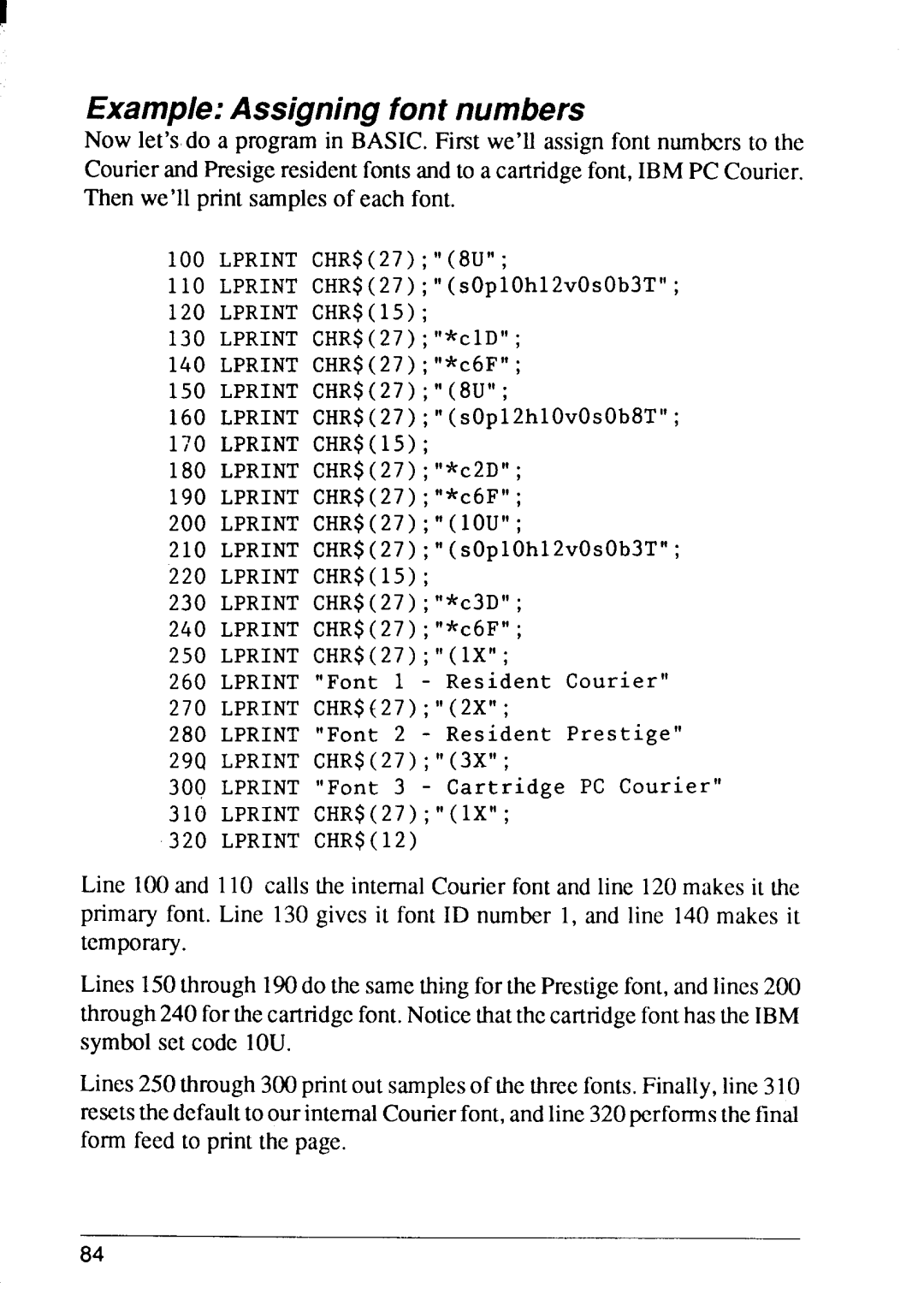 Star Micronics 8 Series manual Example Assigning font numbers, LPRINTCHR$27 8U 