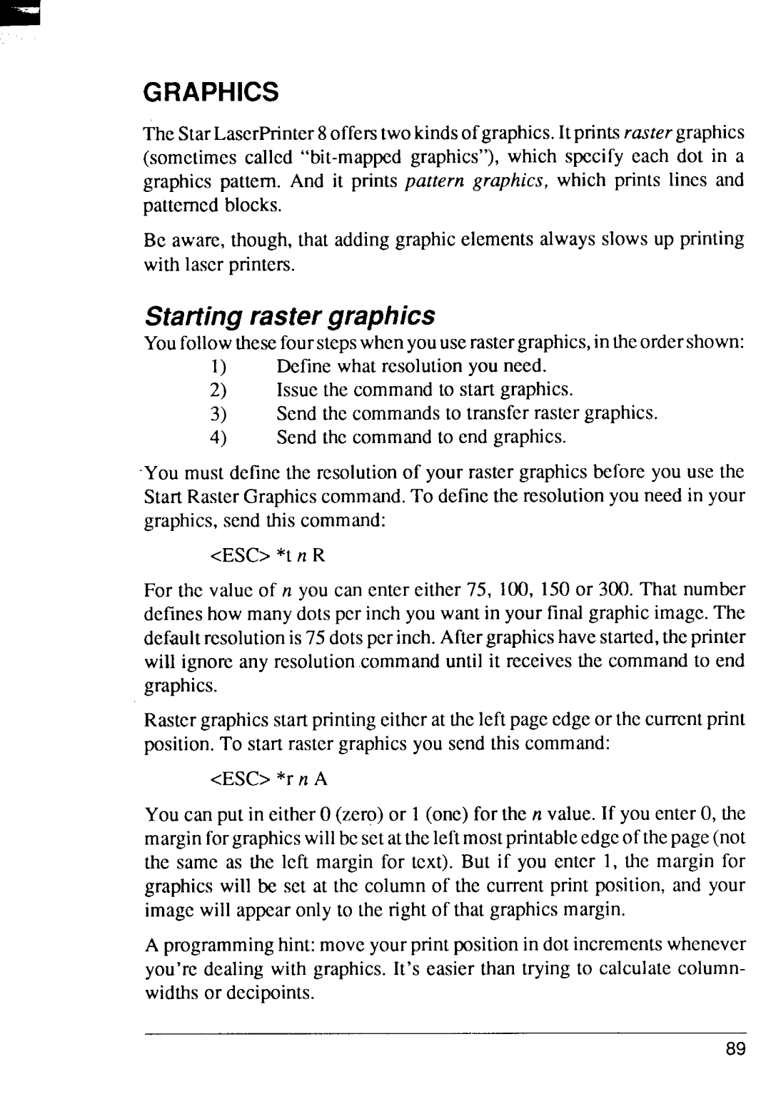 Star Micronics 8 Series manual Graphics, Starting raster graphics 