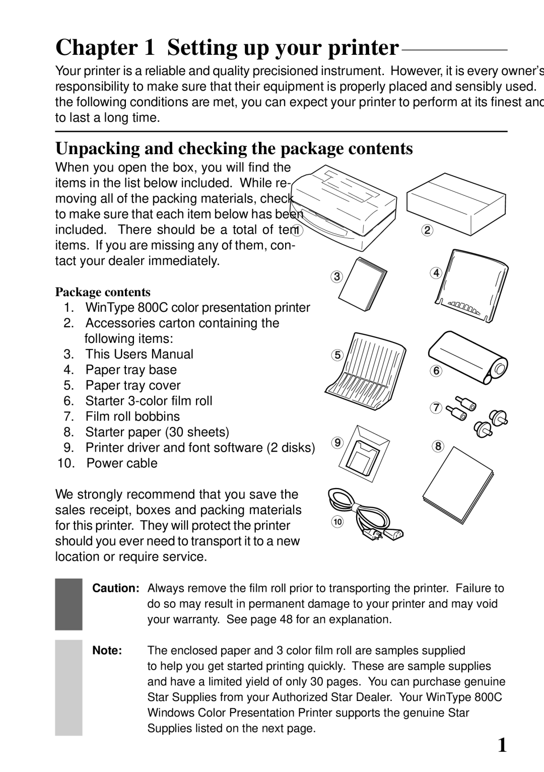 Star Micronics 800C user manual Setting up your printer, Unpacking and checking the package contents 