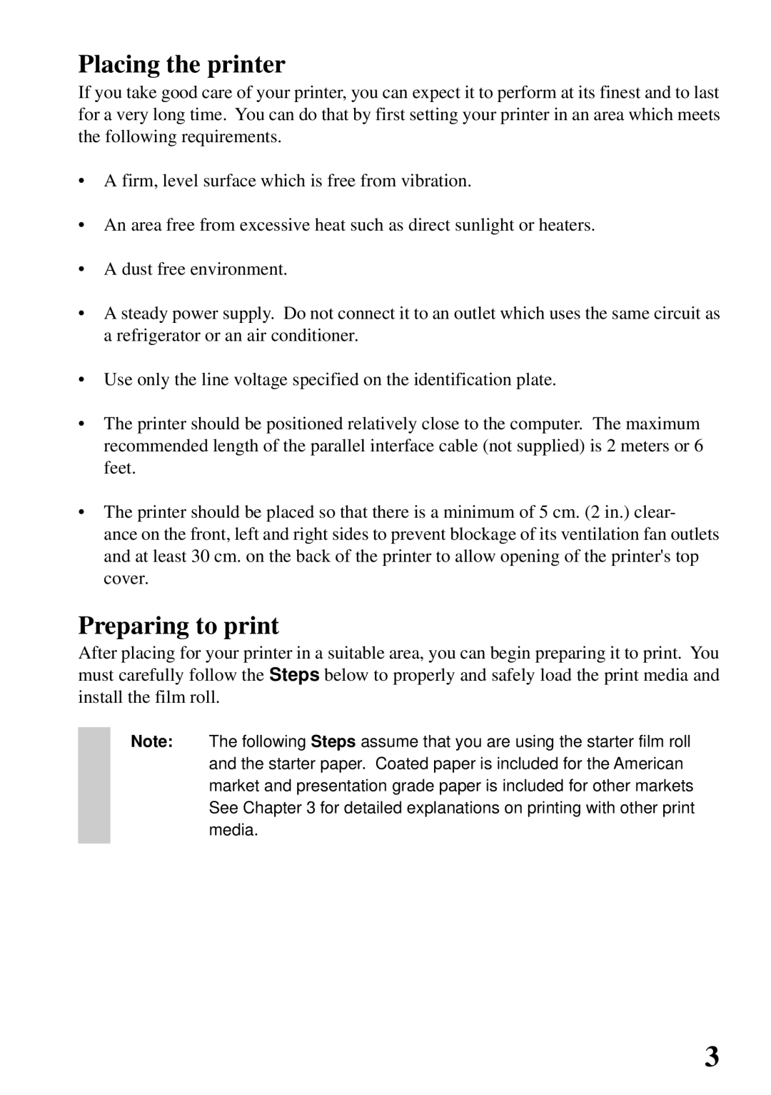 Star Micronics 800C user manual Placing the printer, Preparing to print 