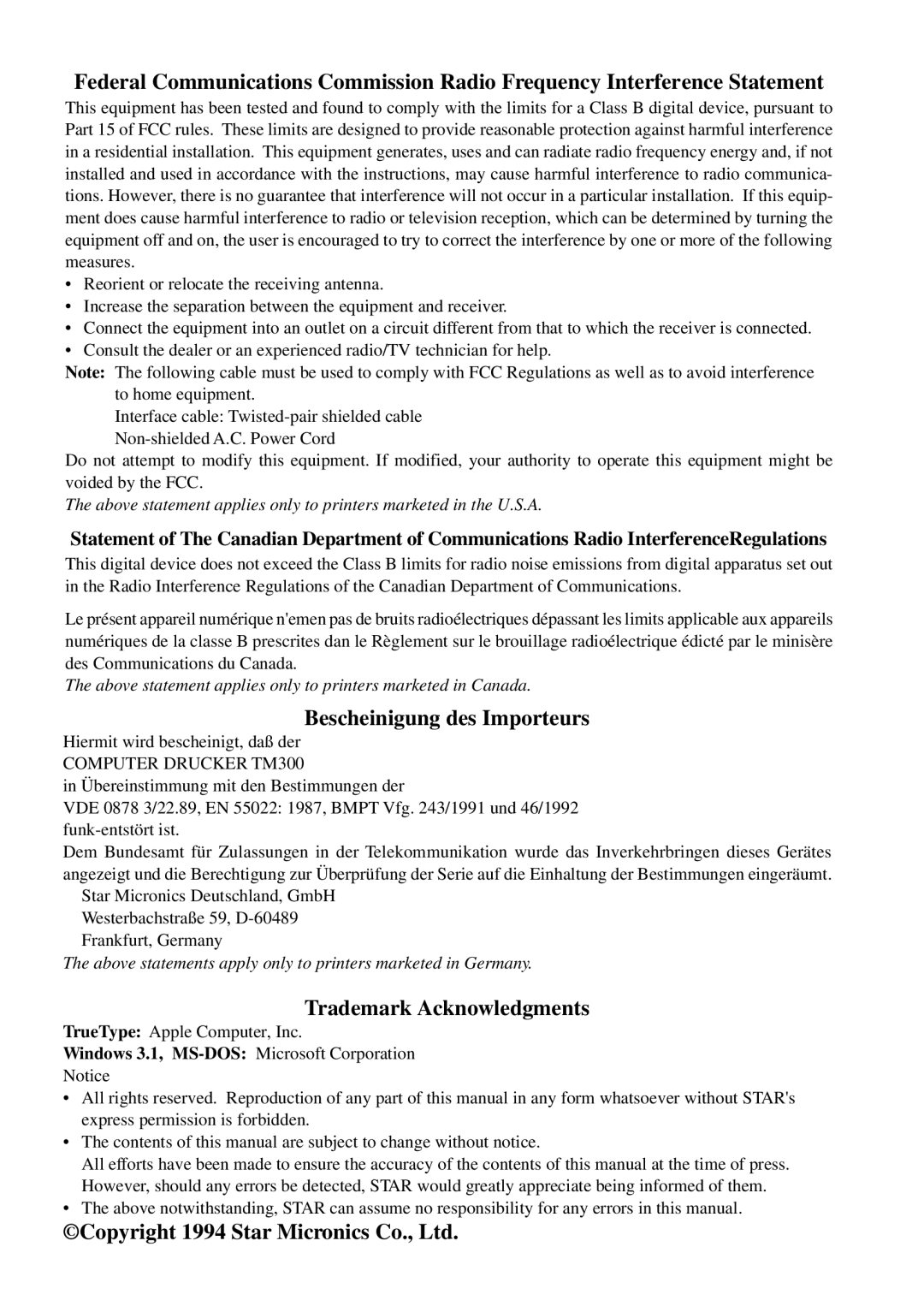 Star Micronics 800C user manual Bescheinigung des Importeurs, Trademark Acknowledgments 