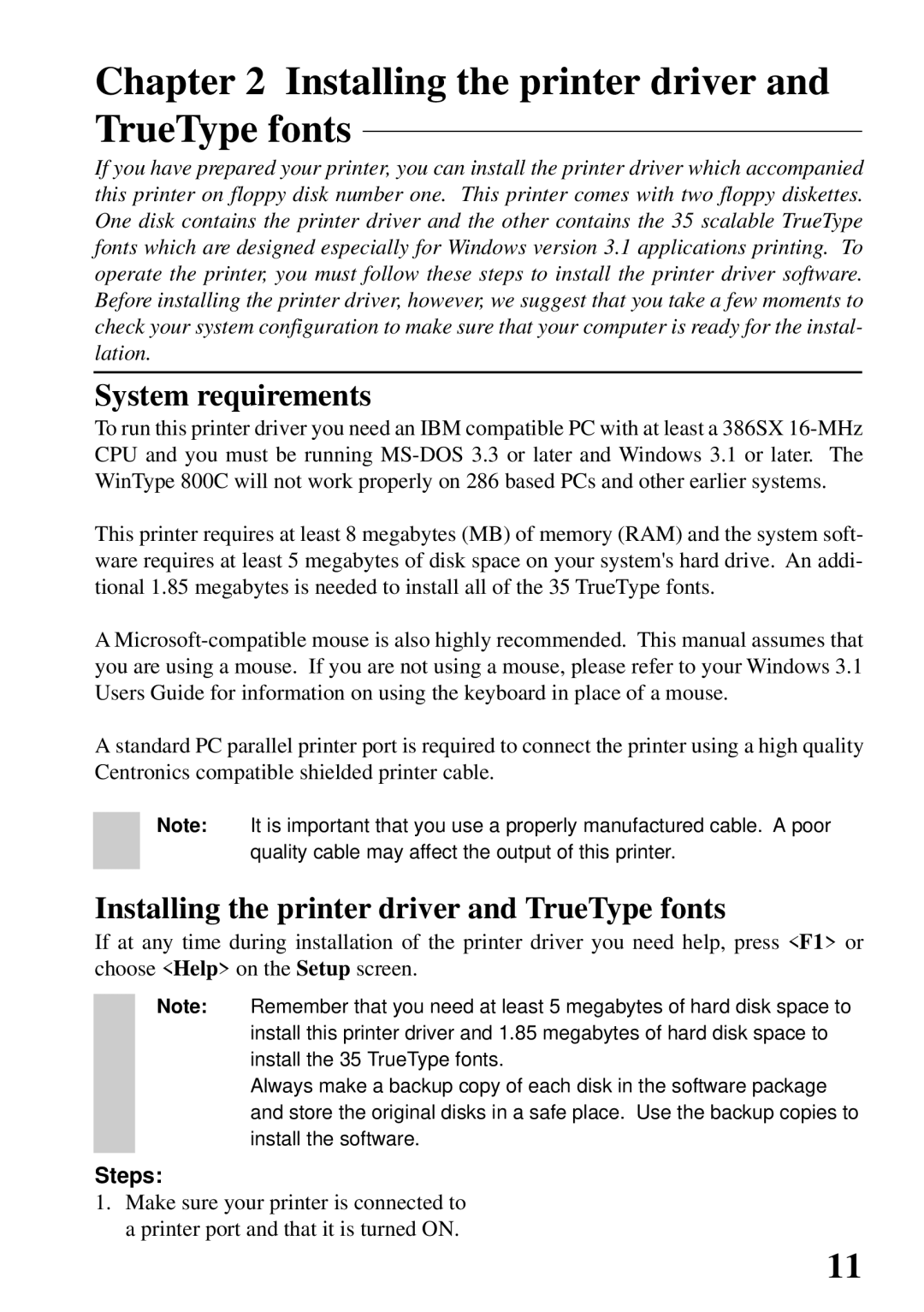 Star Micronics 800C user manual Installing the printer driver and TrueType fonts 