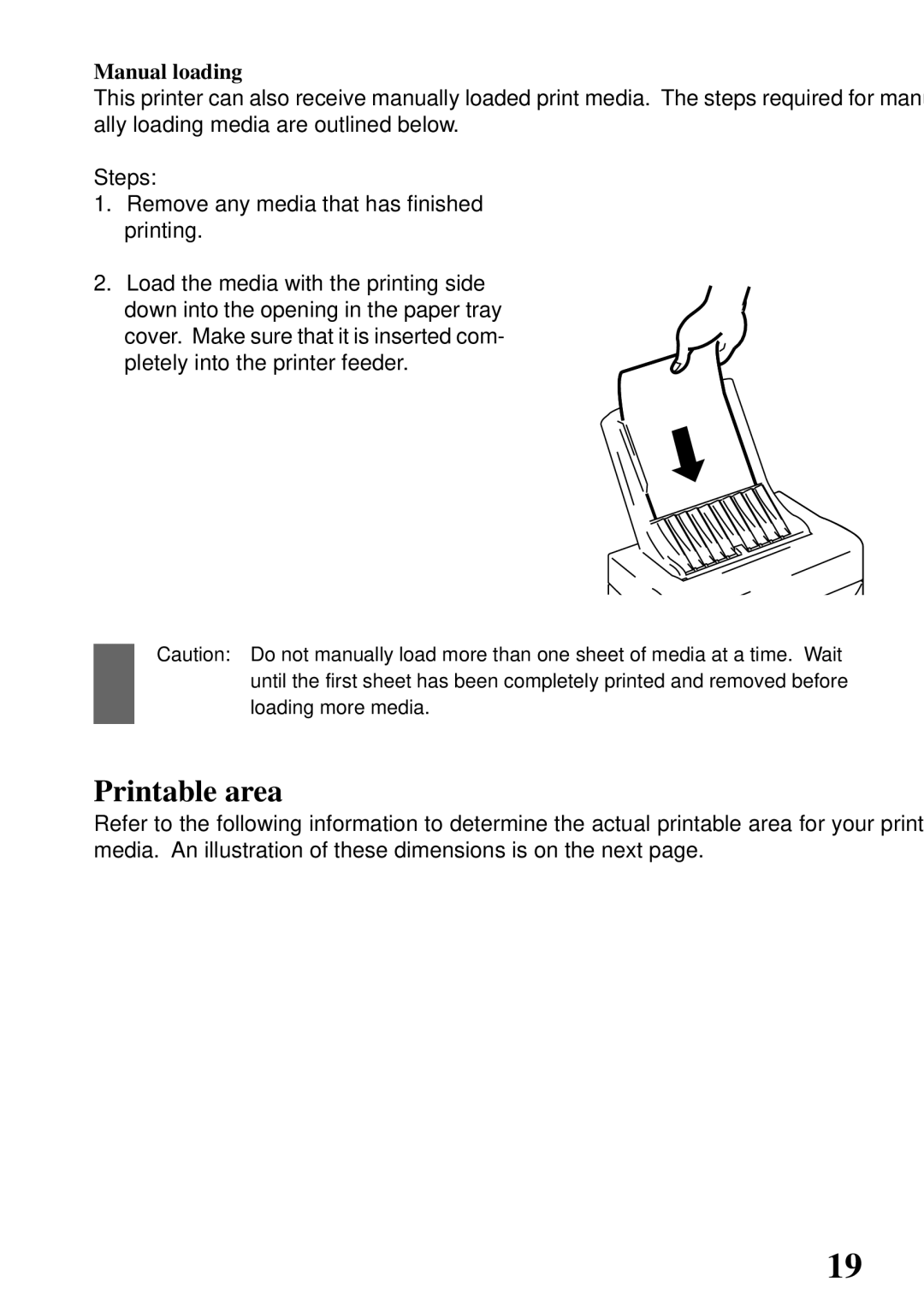 Star Micronics 800C user manual Printable area, Manual loading 