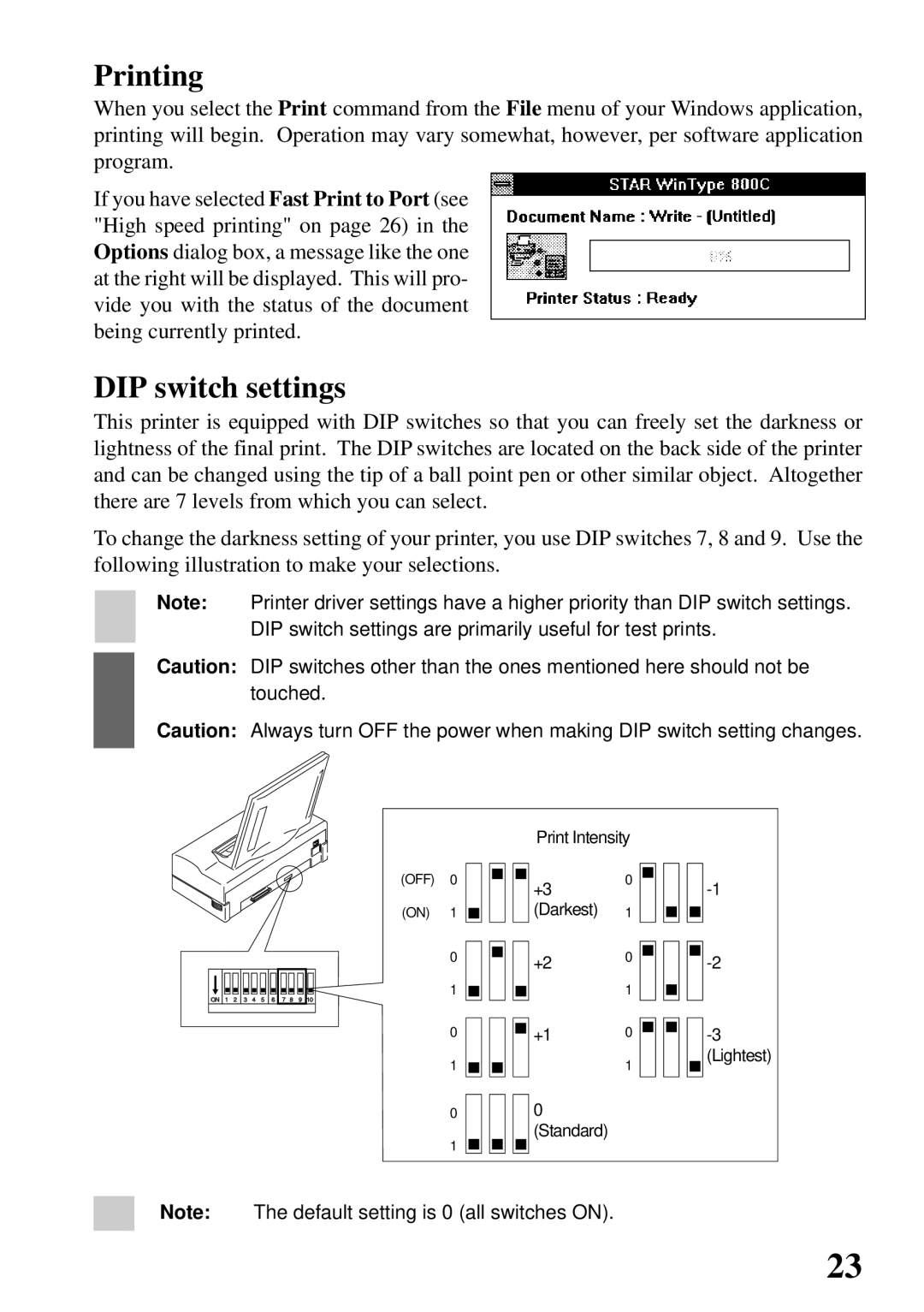 Star Micronics 800C user manual Printing, DIP switch settings 