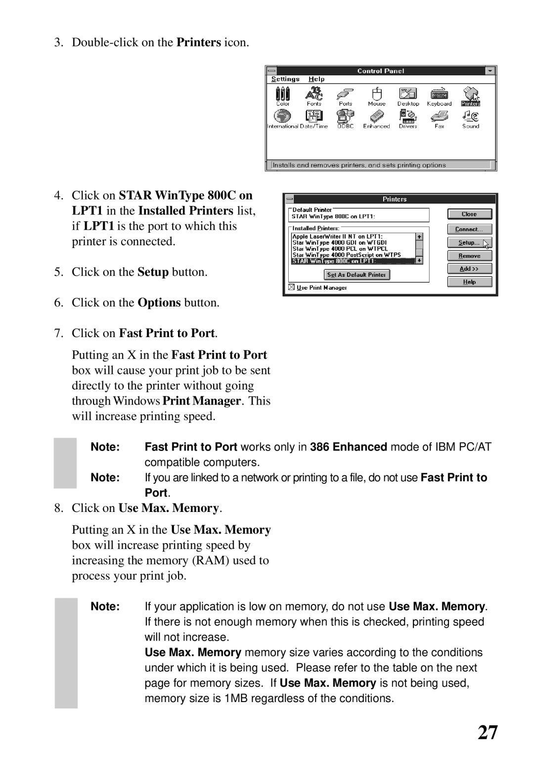 Star Micronics 800C user manual Click on Fast Print to Port, Click on Use Max. Memory 