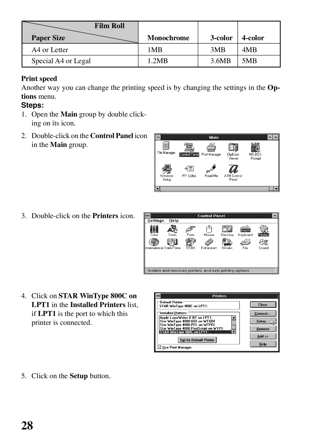 Star Micronics 800C user manual Film Roll Paper Size Monochrome Color, Print speed 