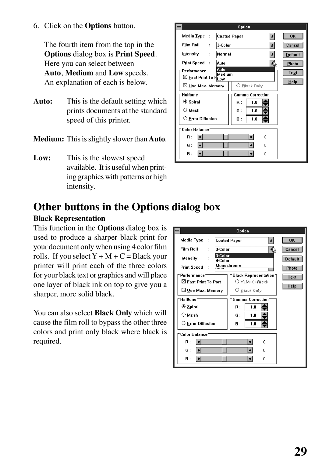 Star Micronics 800C user manual Other buttons in the Options dialog box, Black Representation 