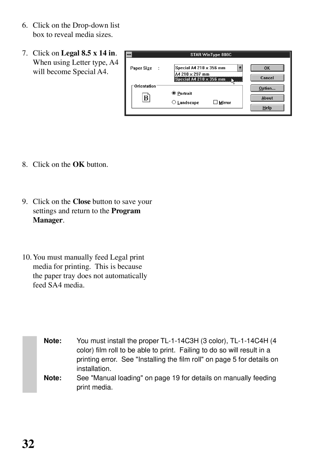 Star Micronics 800C user manual Click on the Drop-down list box to reveal media sizes 