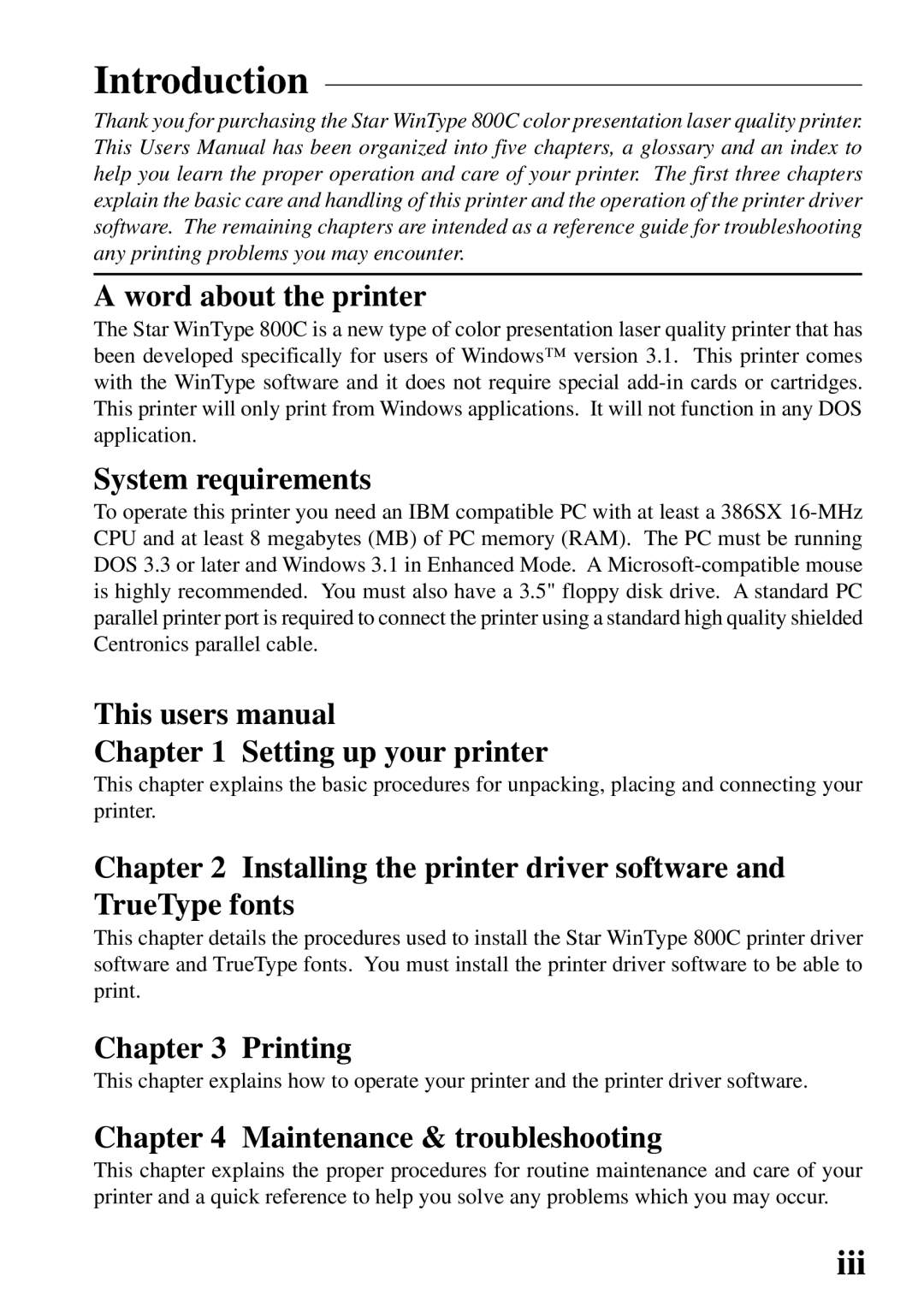 Star Micronics 800C user manual Introduction 