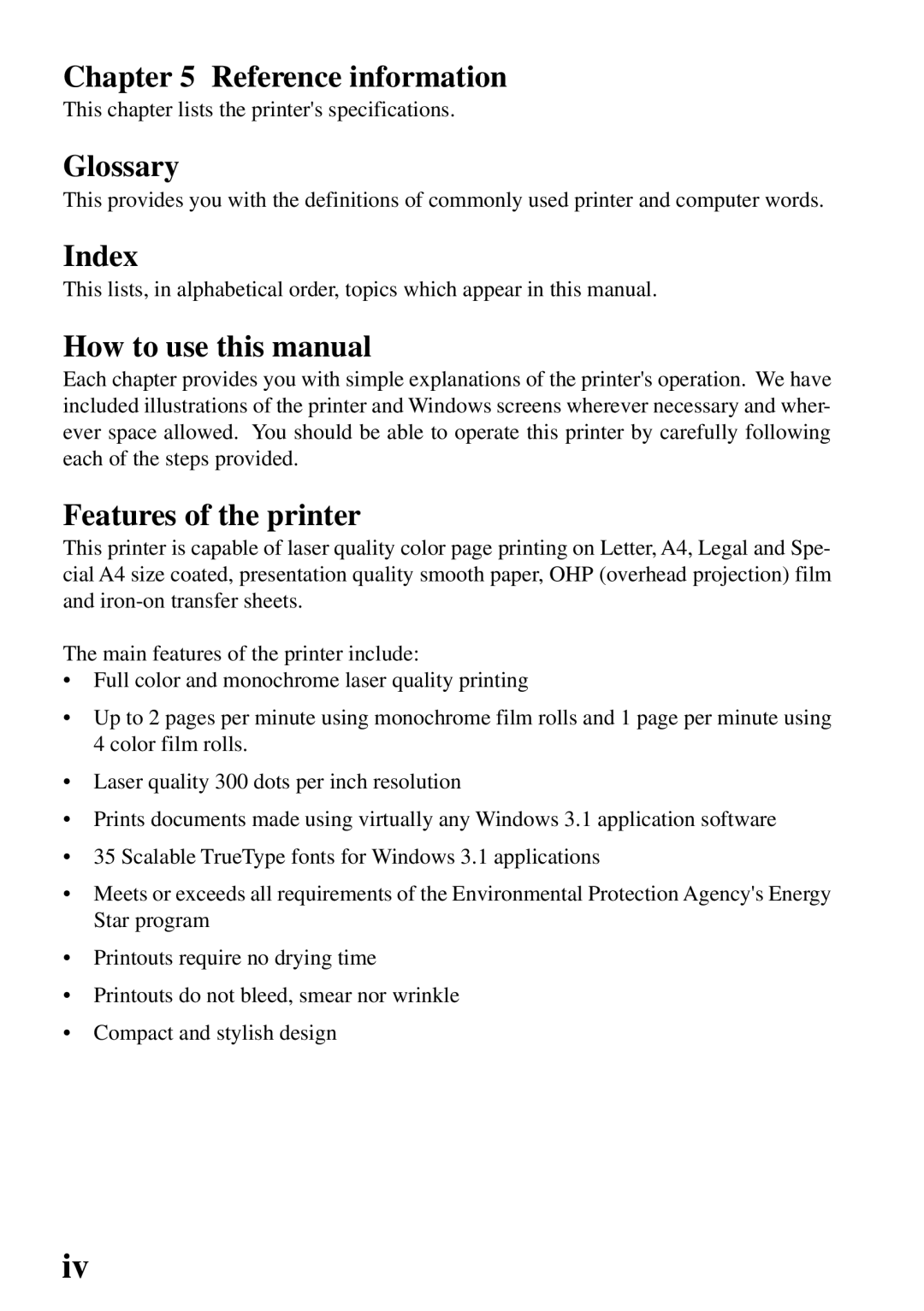 Star Micronics 800C user manual Reference information, Glossary, Index, How to use this manual, Features of the printer 