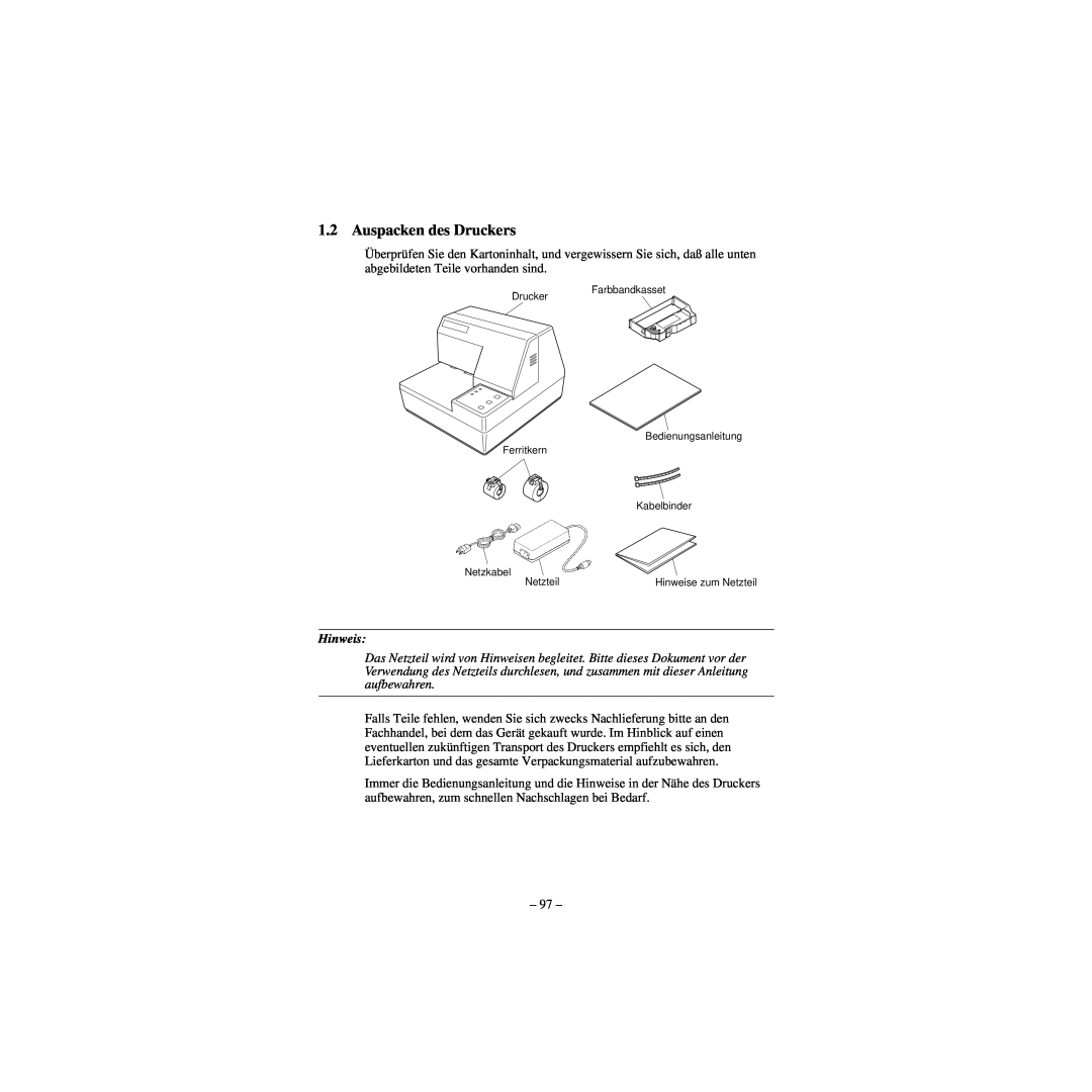 Star Micronics CBM-820 manual Auspacken des Druckers, Hinweis 