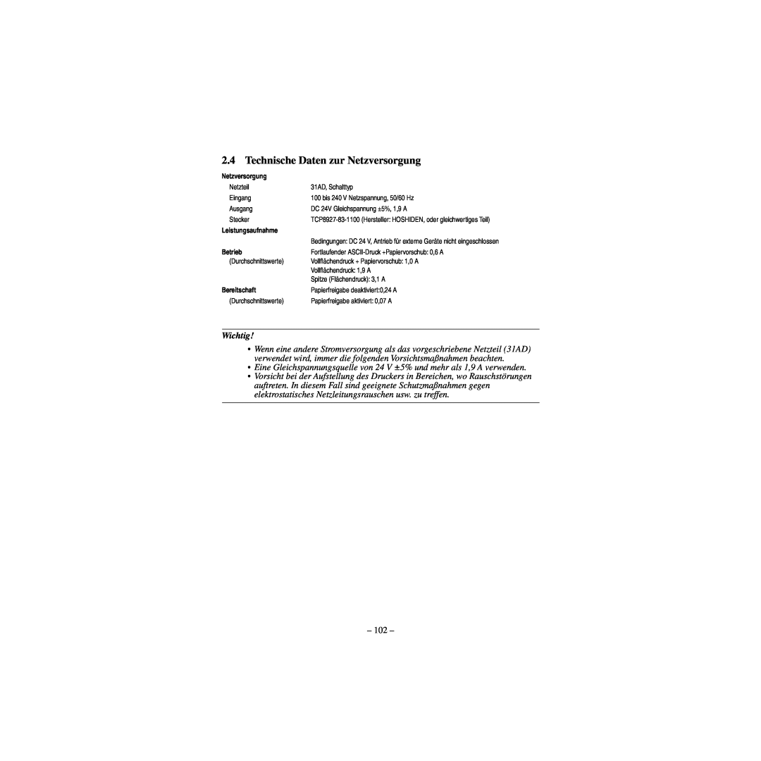 Star Micronics CBM-820 manual Technische Daten zur Netzversorgung, Wichtig 