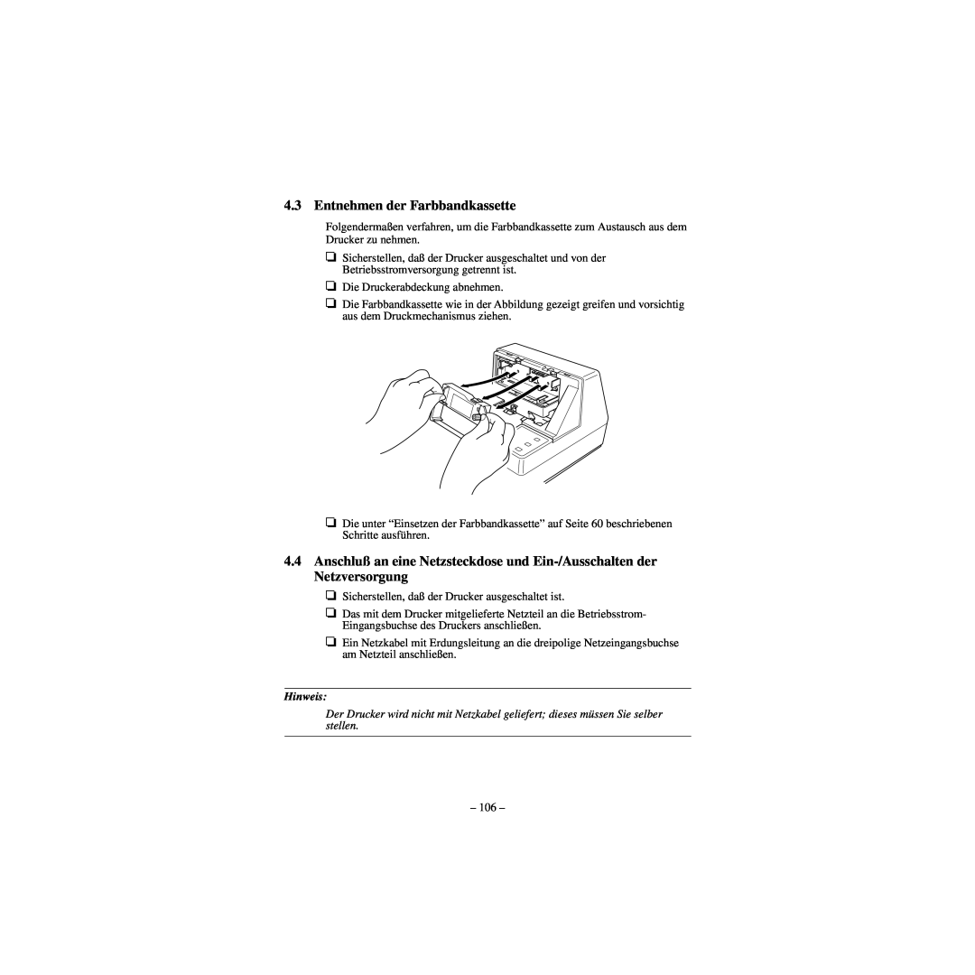 Star Micronics CBM-820 manual Entnehmen der Farbbandkassette, Hinweis 