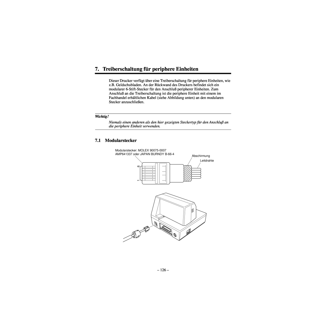 Star Micronics CBM-820 manual Treiberschaltung für periphere Einheiten, Modularstecker, Wichtig 