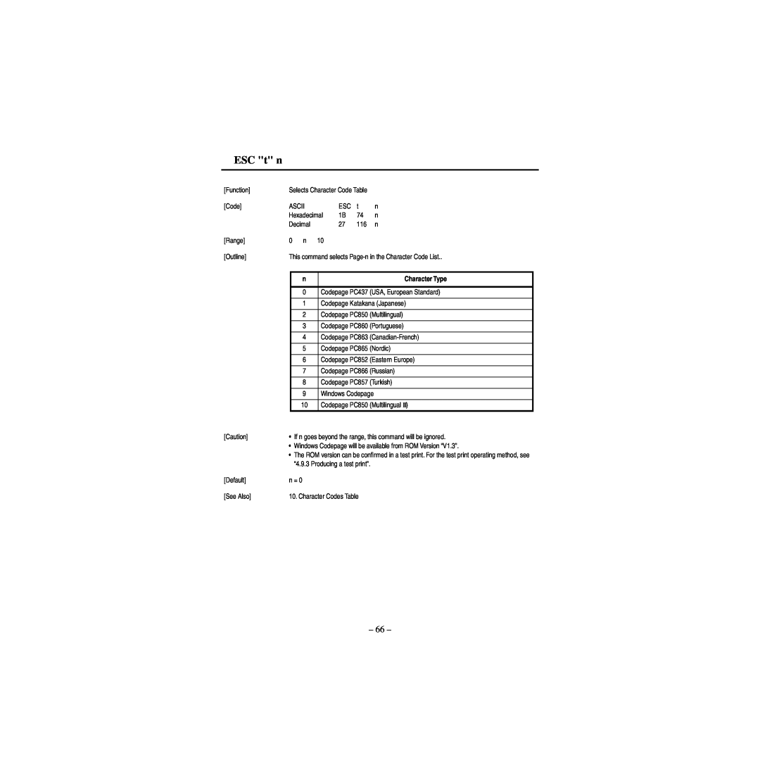 Star Micronics CBM-820 manual ESC t n, Selects Character Code Table 