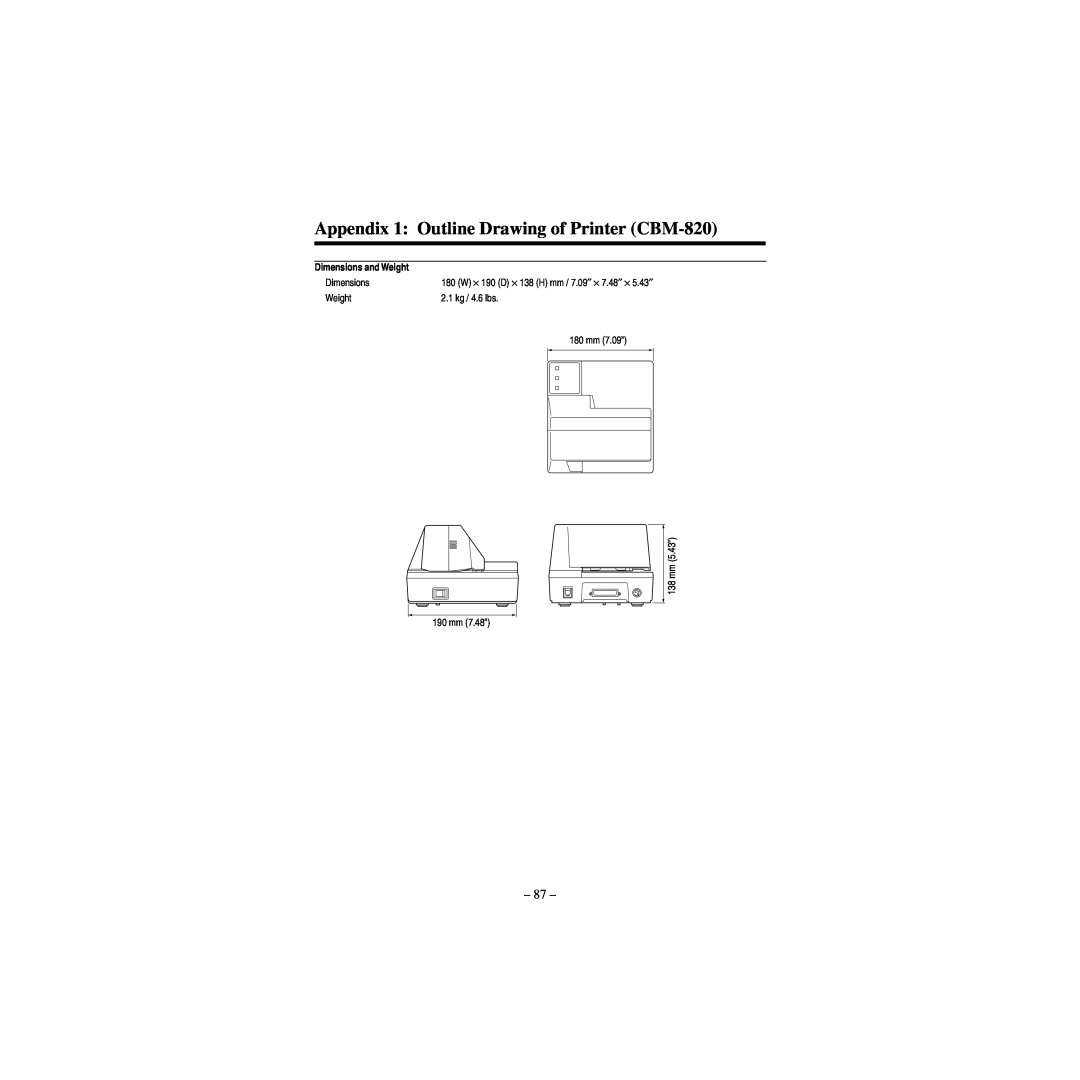 Star Micronics manual Appendix 1 Outline Drawing of Printer CBM-820, Dimensions and Weight 