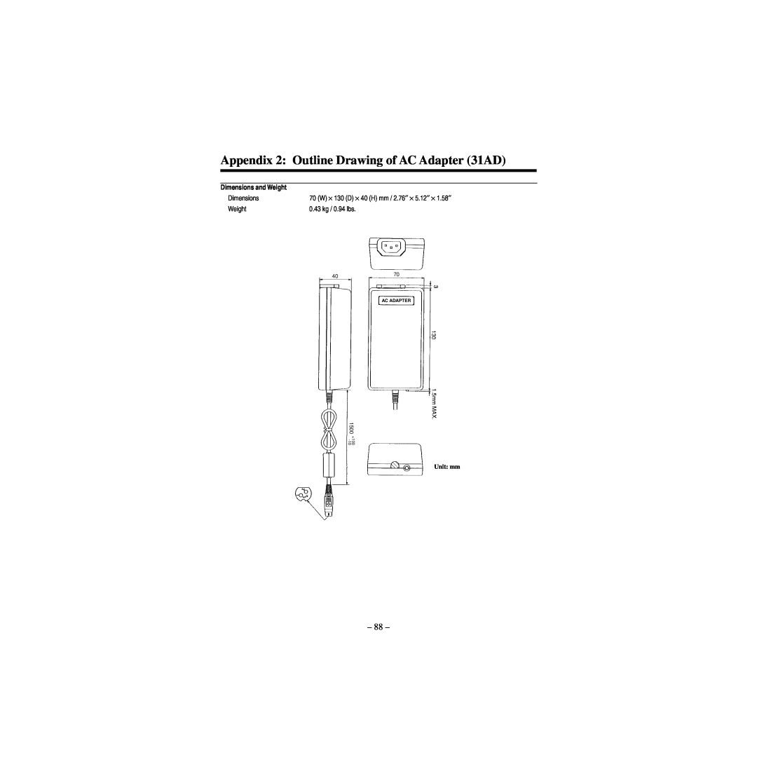 Star Micronics CBM-820 manual Appendix 2 Outline Drawing of AC Adapter 31AD, Unit mm, Ac Adapter, 1500 +100 