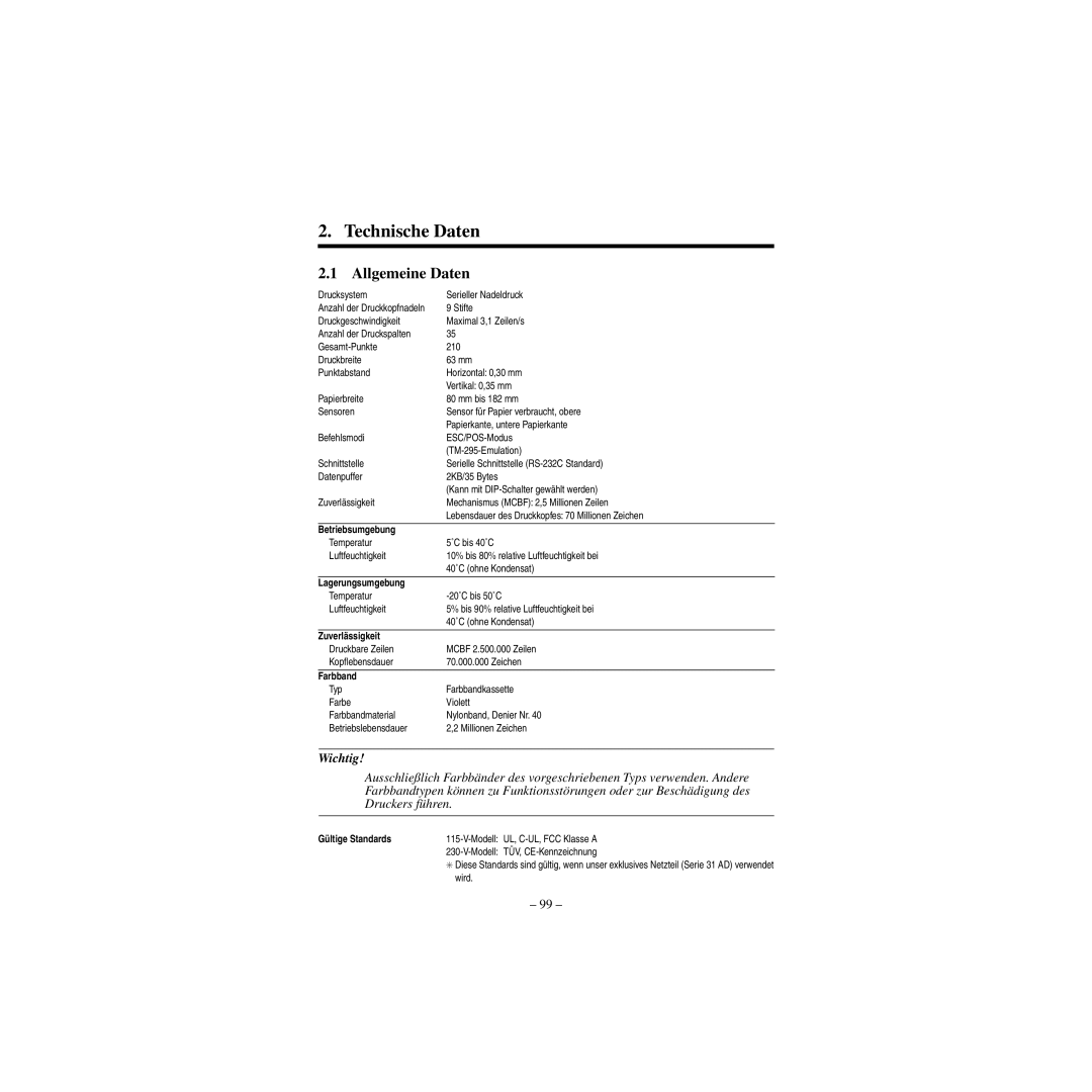 Star Micronics CBM-820 manual Allgemeine Daten, Betriebsumgebung, Zuverlässigkeit, Farbband, Gültige Standards 