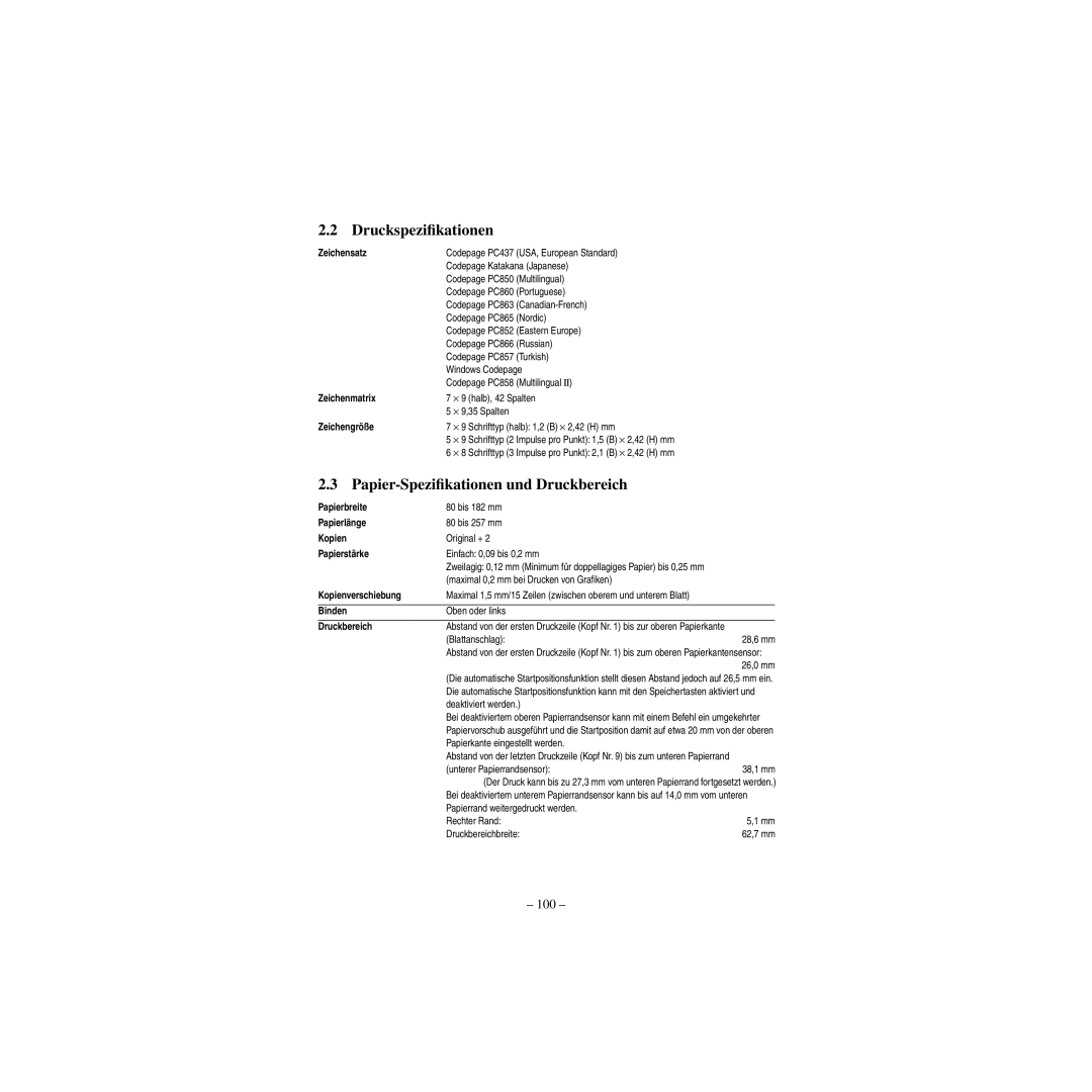 Star Micronics CBM-820 manual Druckspeziﬁkationen, Papier-Speziﬁkationen und Druckbereich 