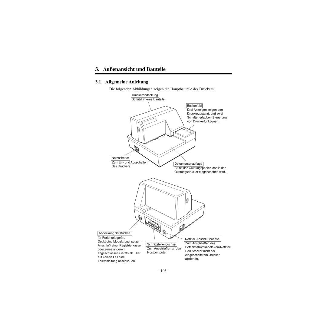 Star Micronics CBM-820 manual Außenansicht und Bauteile, Allgemeine Anleitung 