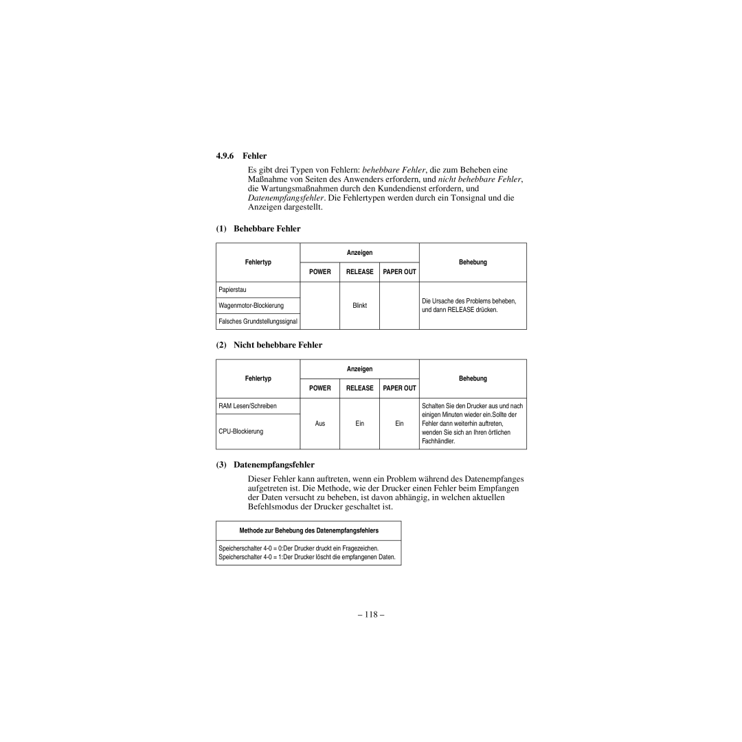 Star Micronics CBM-820 manual Fehlertyp Behebung, Methode zur Behebung des Datenempfangsfehlers 