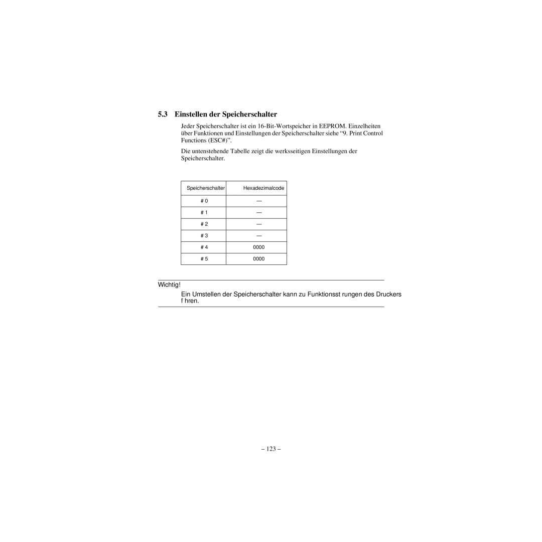 Star Micronics CBM-820 manual Einstellen der Speicherschalter, Hexadezimalcode 